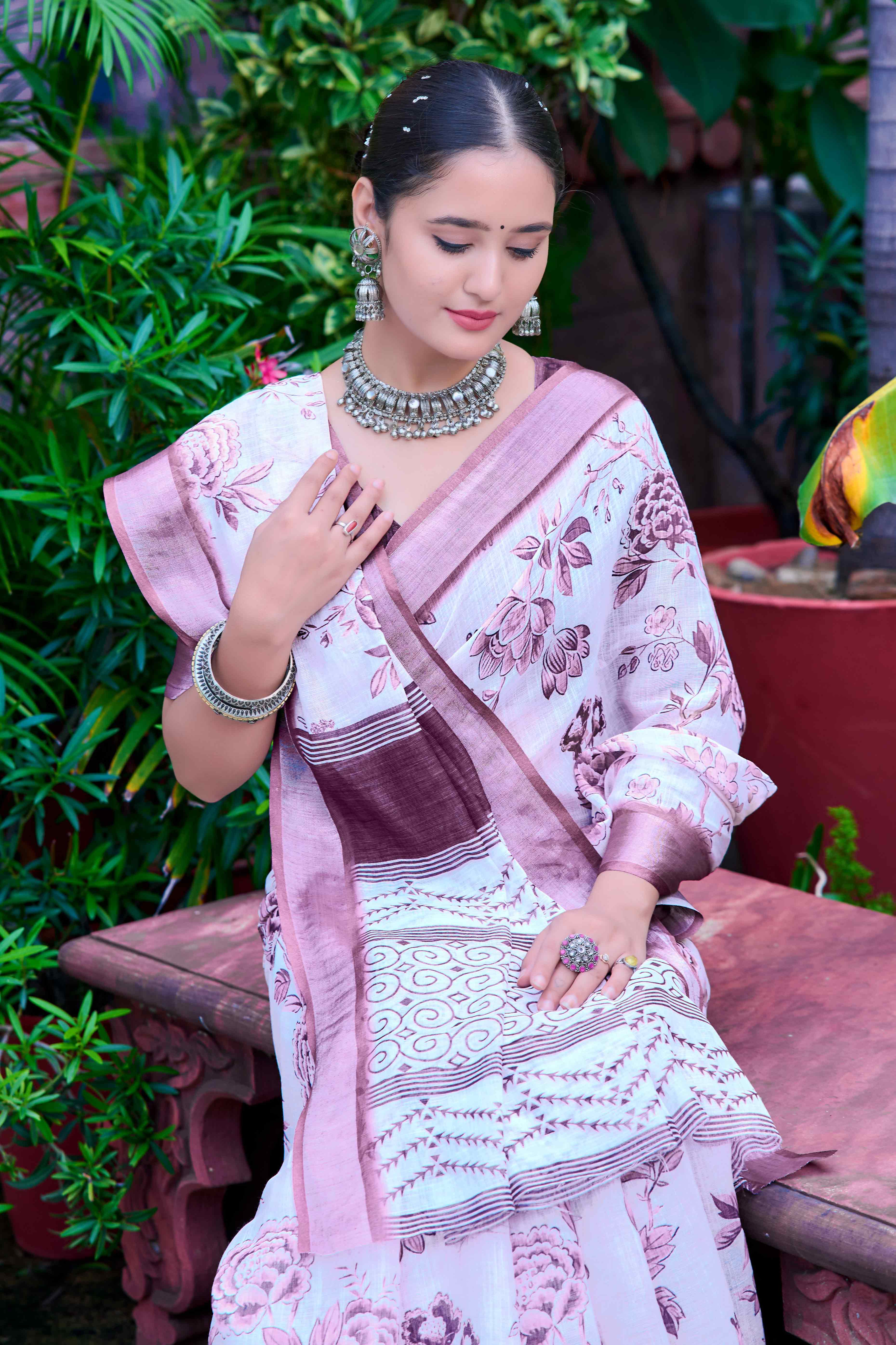 White Floral Printed Linen Saree