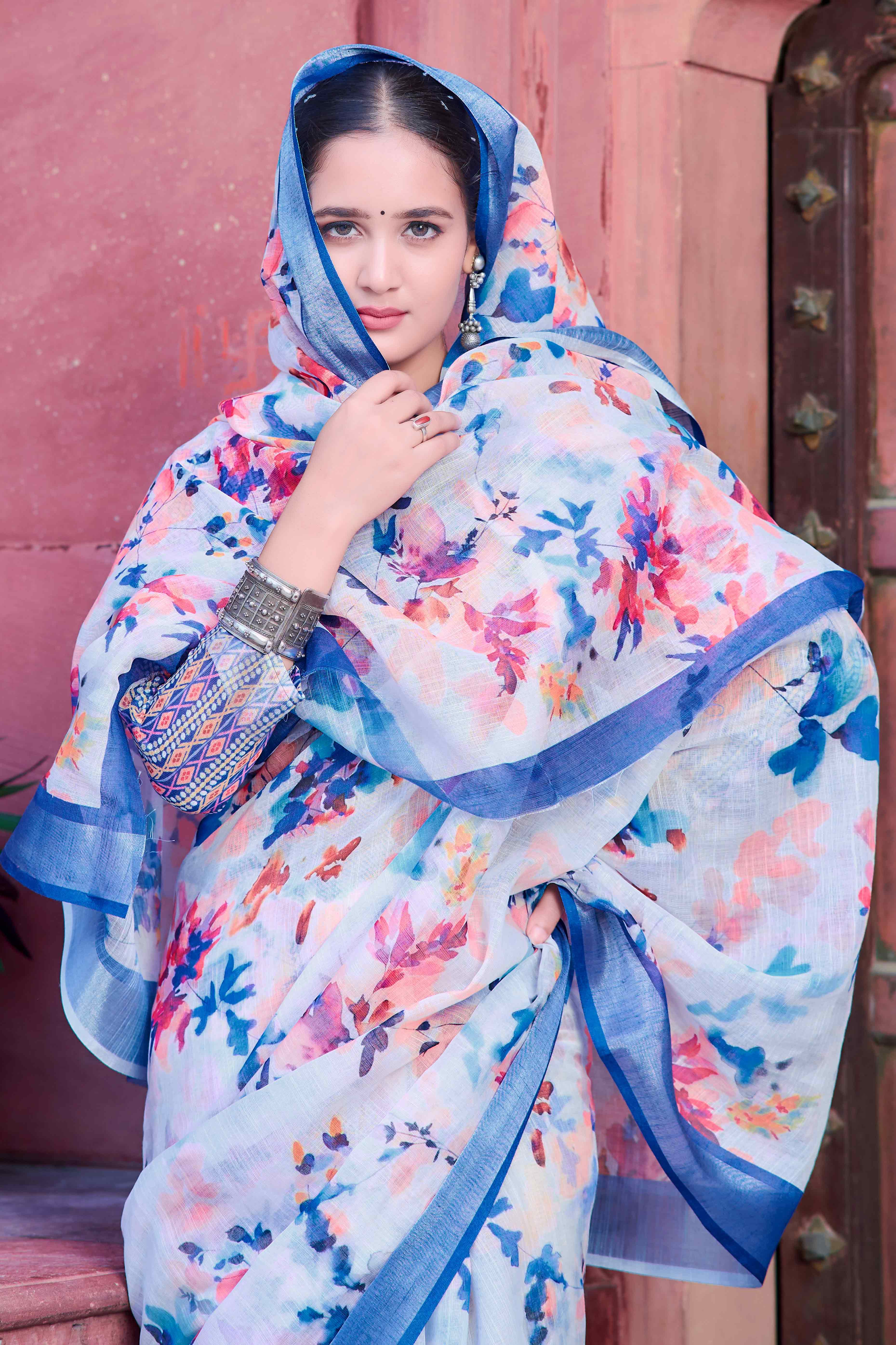 White Floral Printed Linen Saree