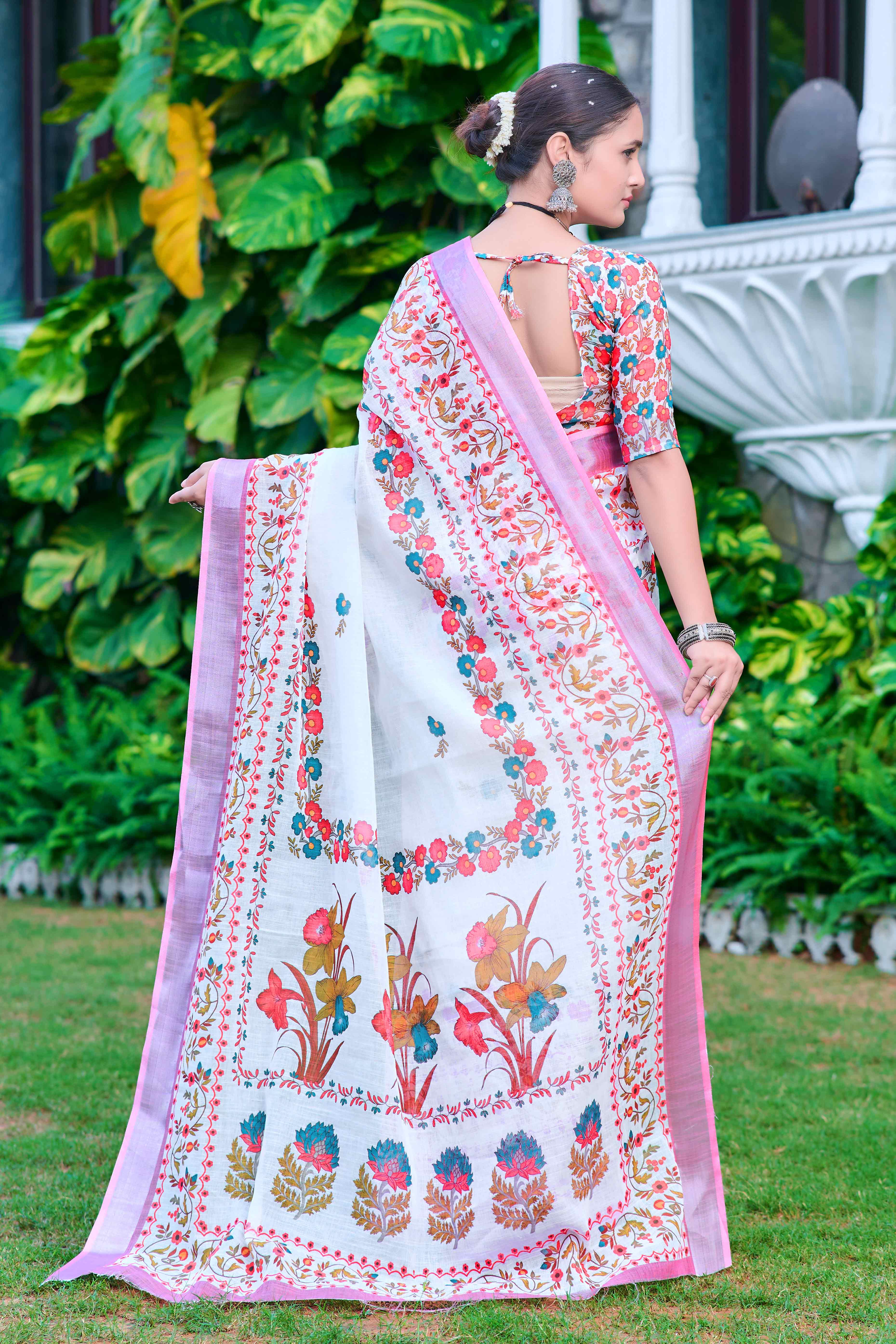 White & Pink Floral Printed Linen Saree