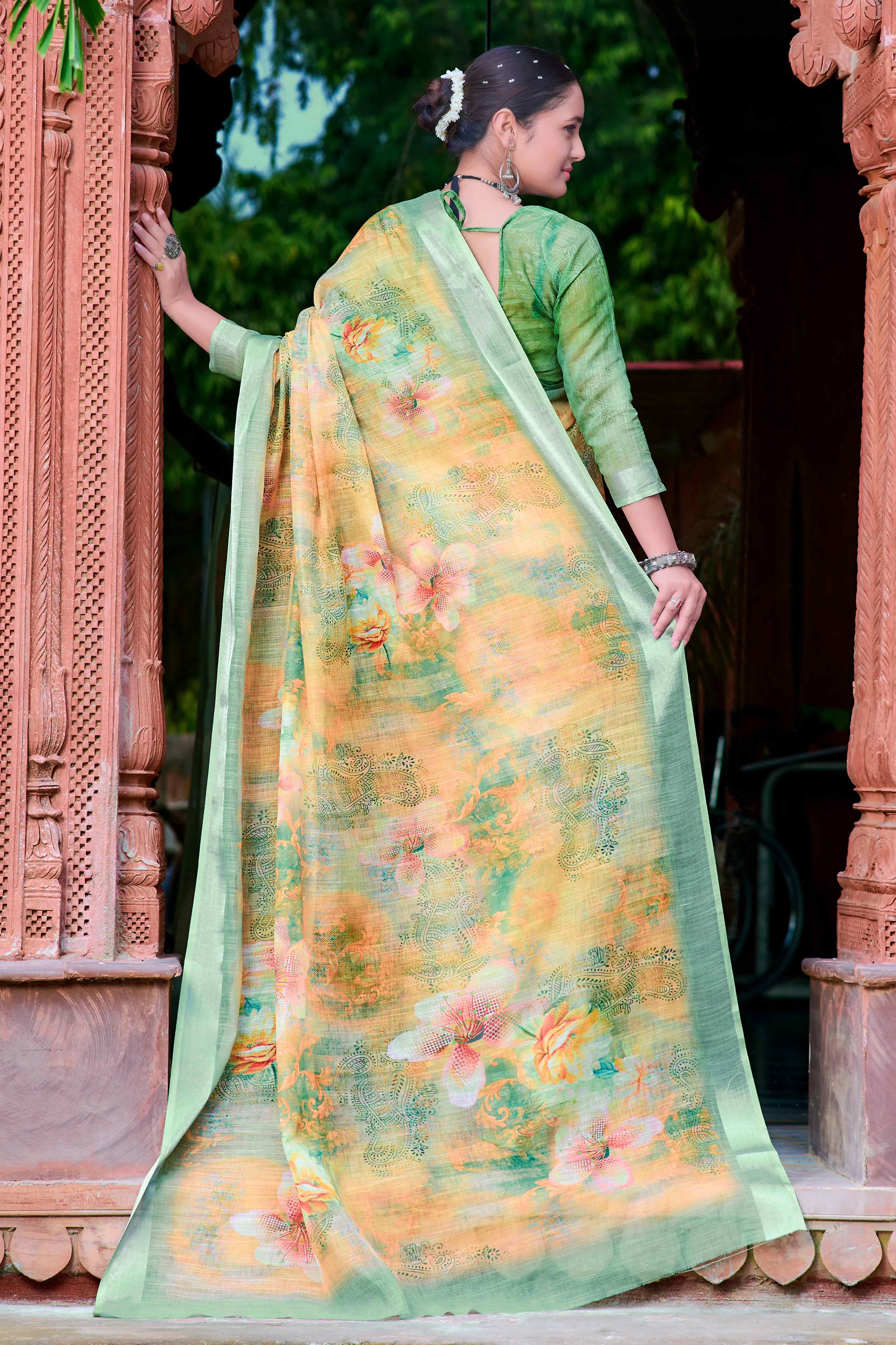 Yellow Floral Printed Linen Saree