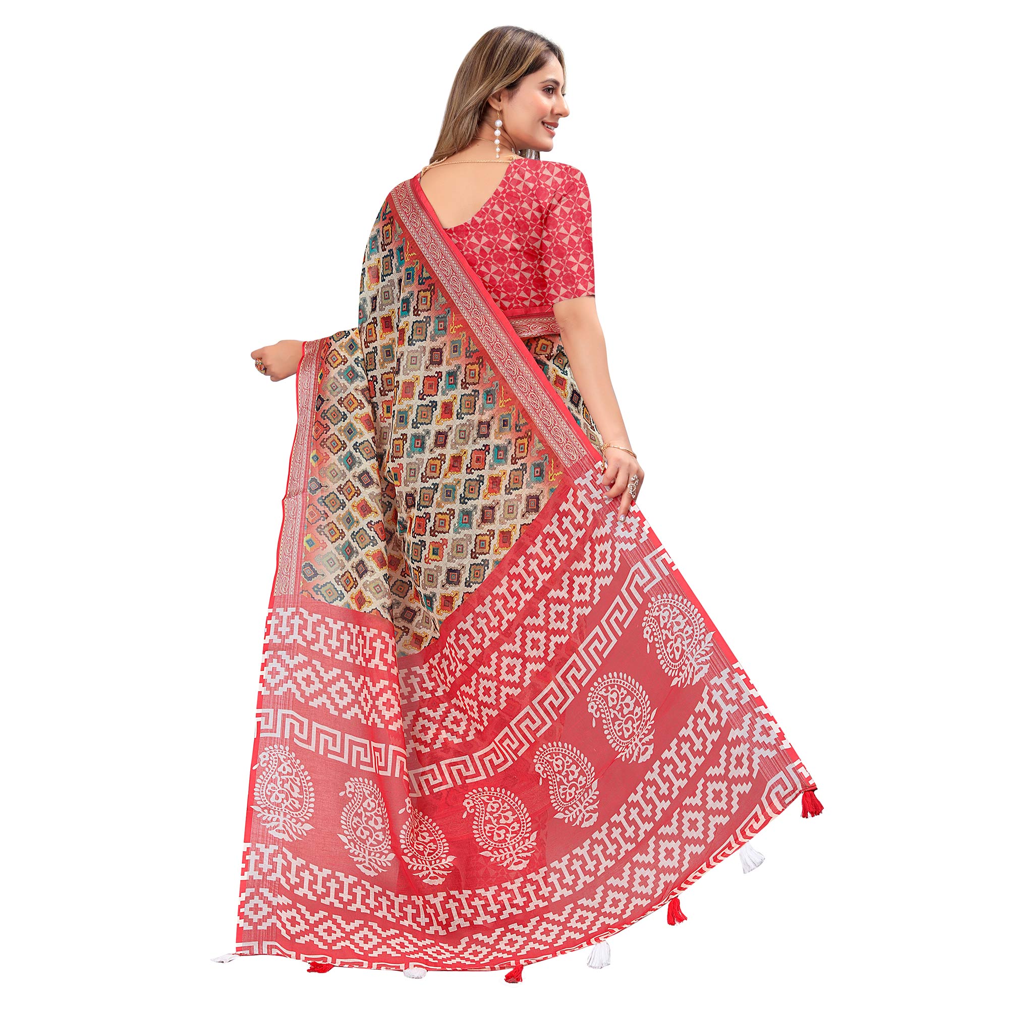 Red Printed Linen Saree