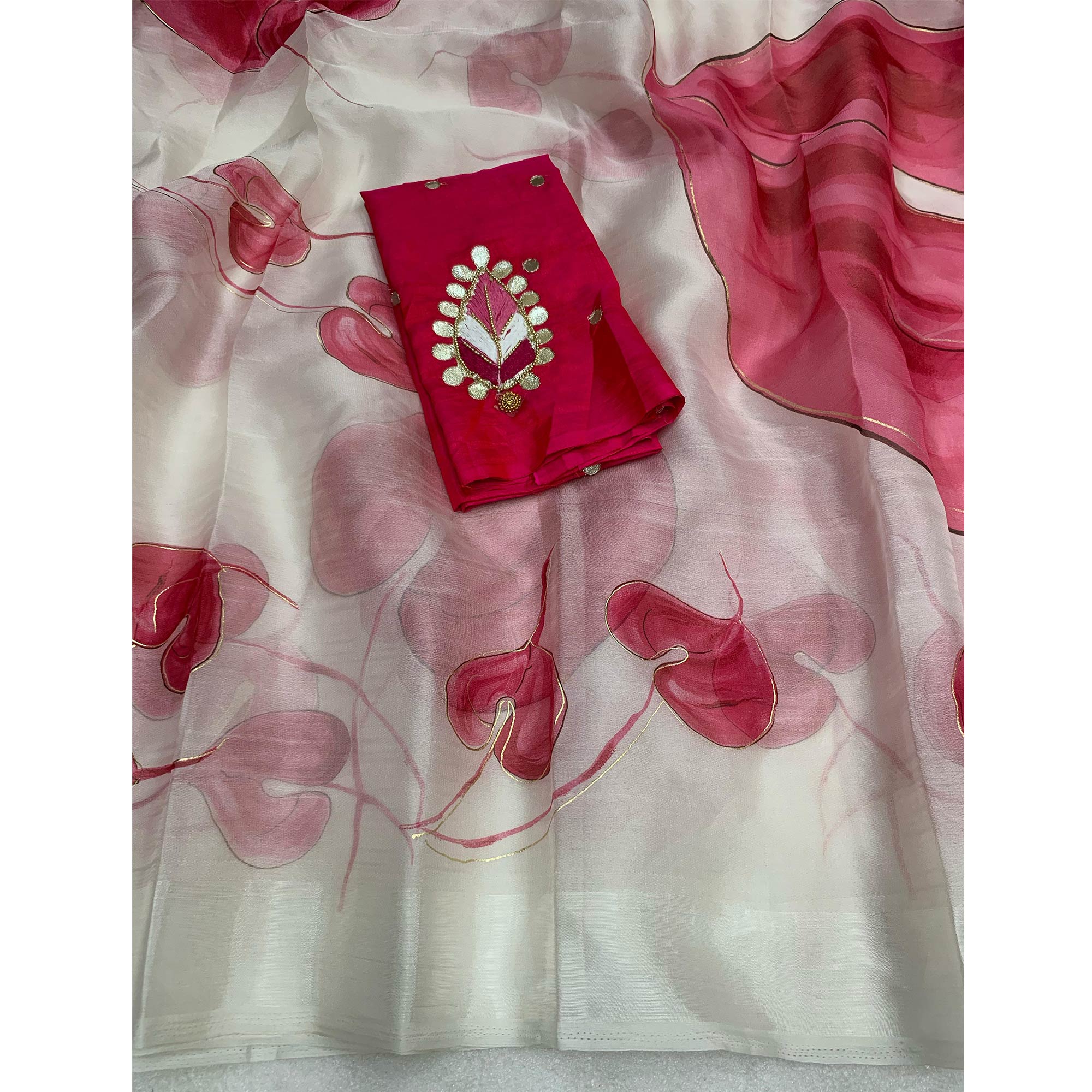 White & Pink Floral Foil Printed Organza Saree