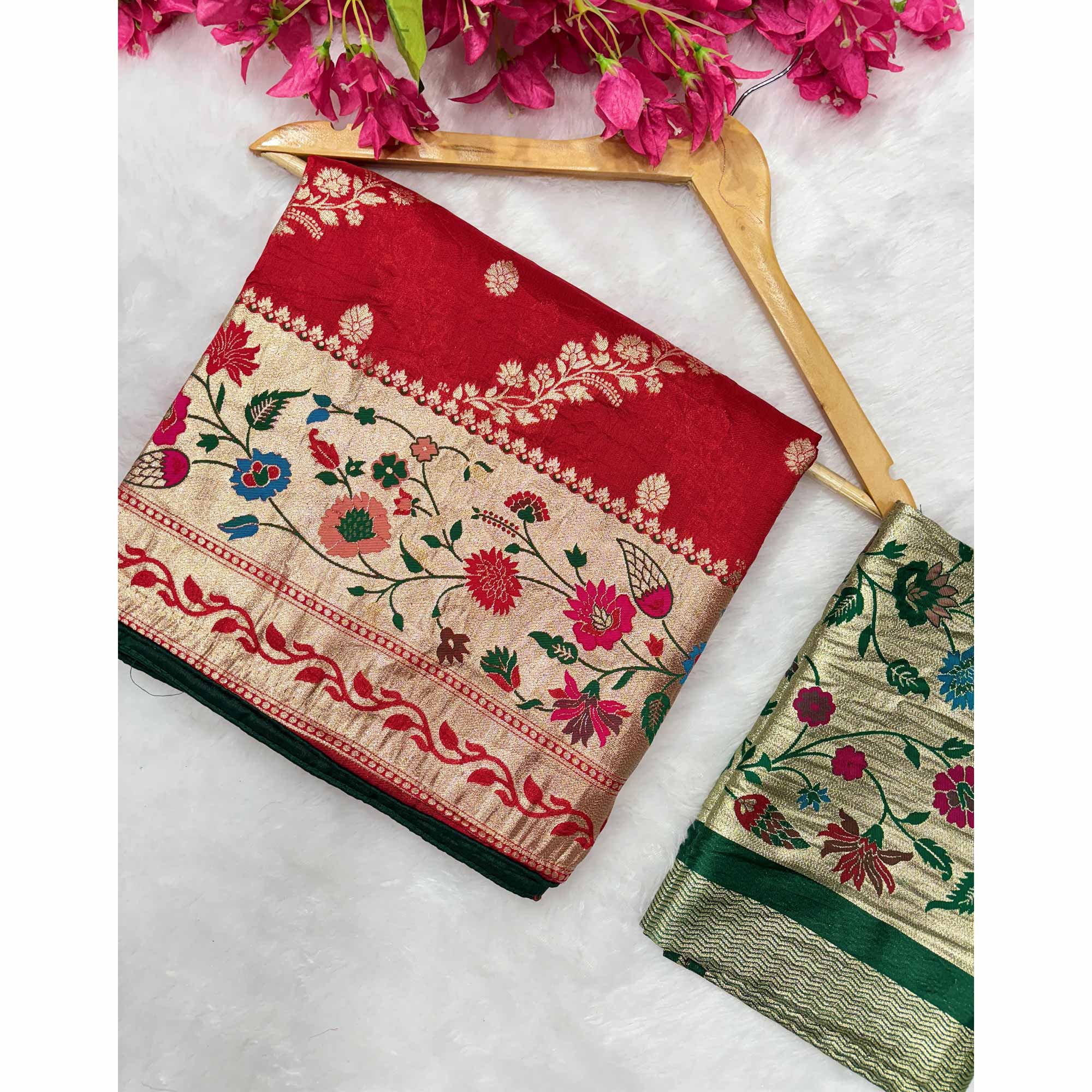 Red Dola Silk Saree With Rich Floral Zari Weaving & Classic Elegance