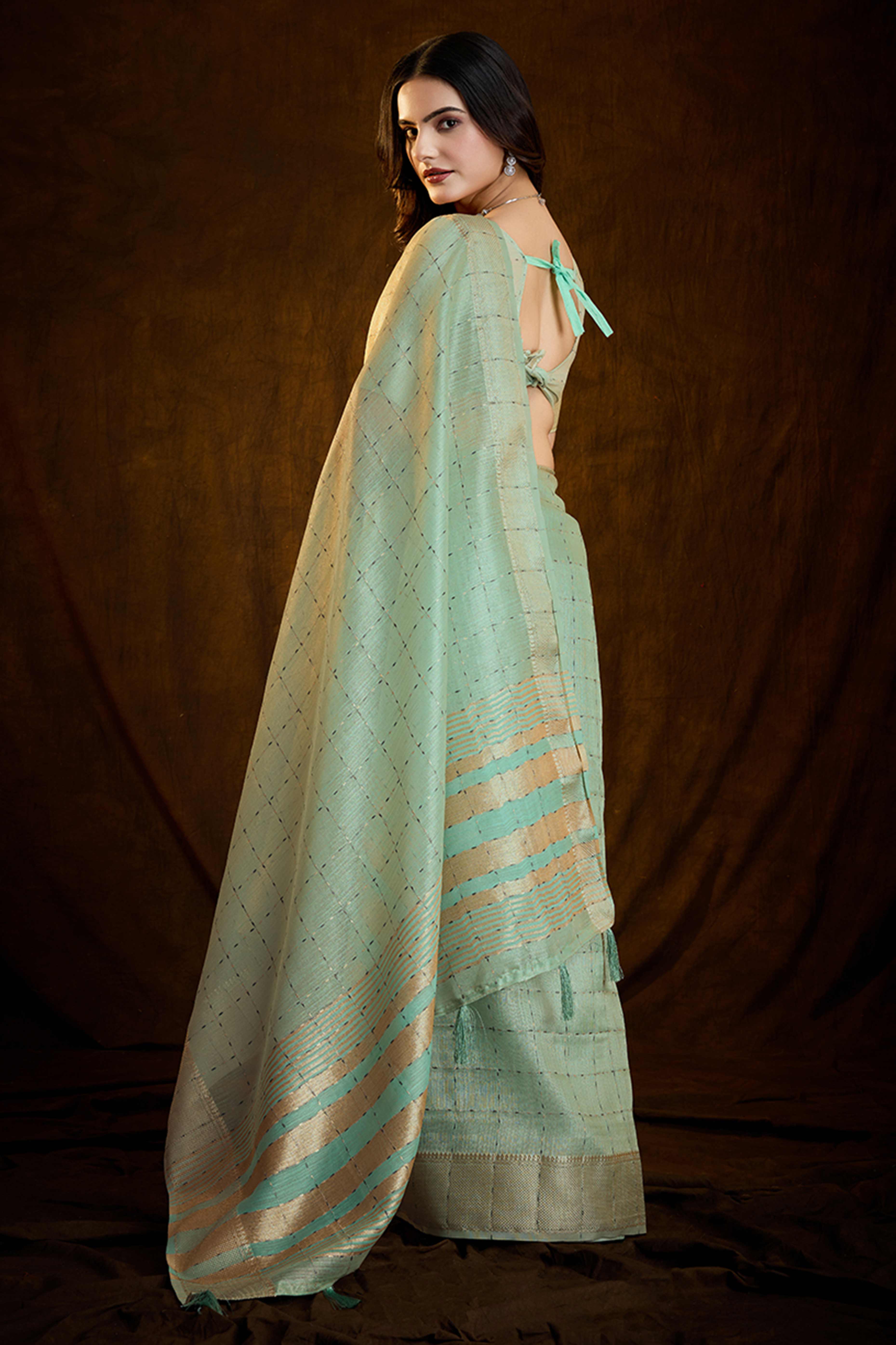 Mint Green Cotton Silk Saree with Rich Zari Weaving in Checkered Style