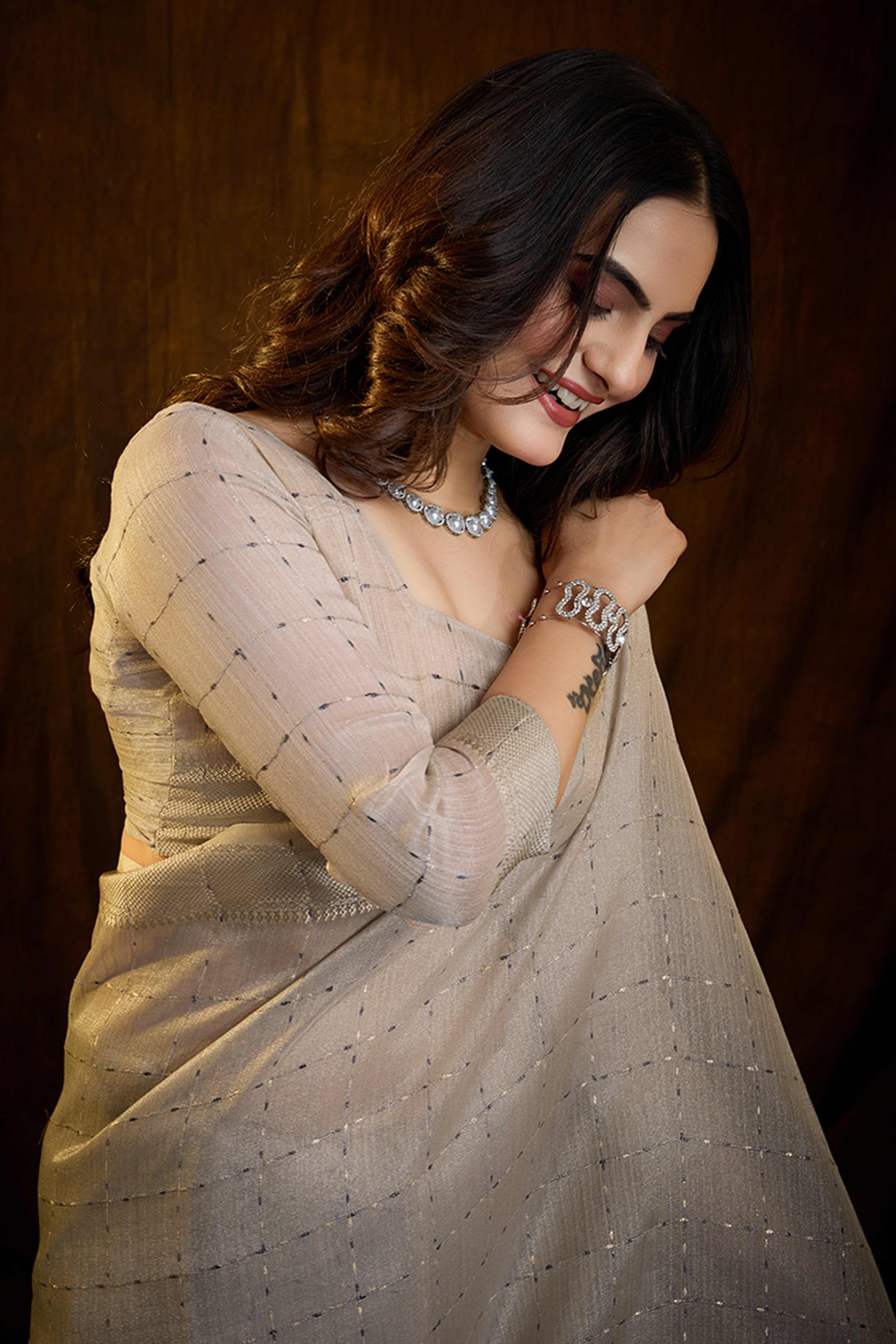 Grey Cotton Silk Saree with Rich Zari Weaving in Checkered Style