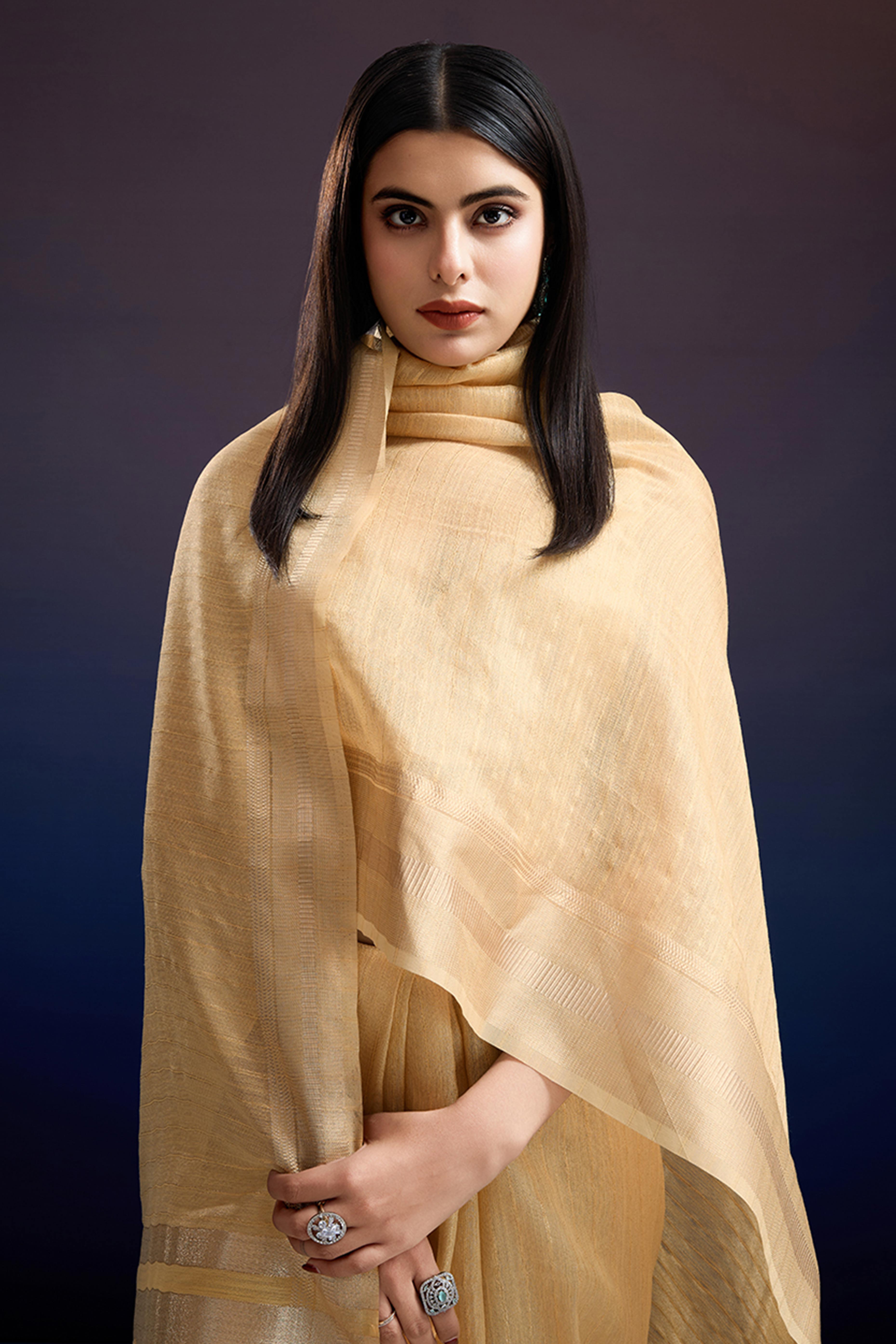 Festive Wear Yellow Zari Woven Saree in Pure Linen Fabric