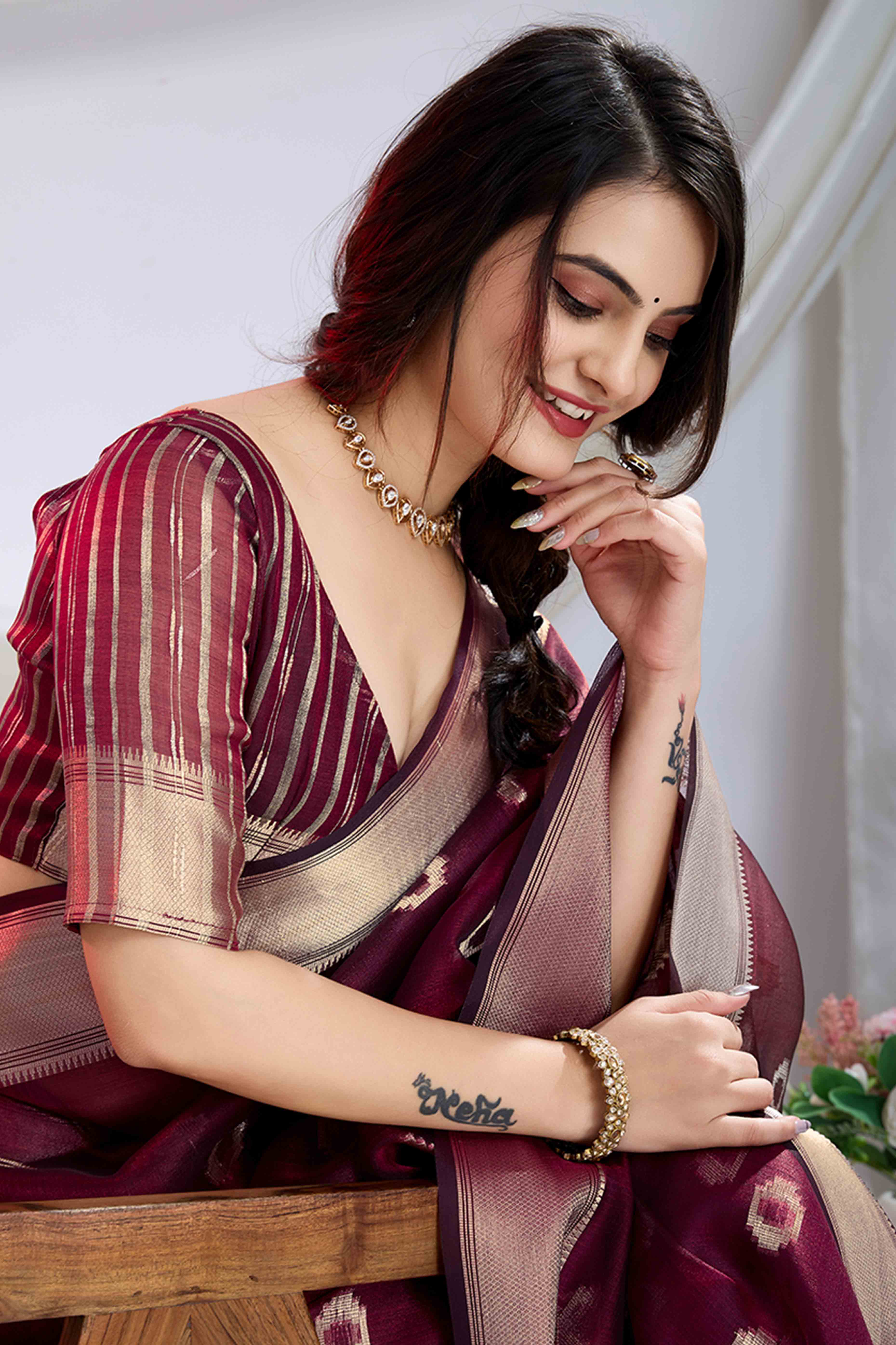 Dark Maroon Zari Butti Saree in Lightweight Tissue Fabric