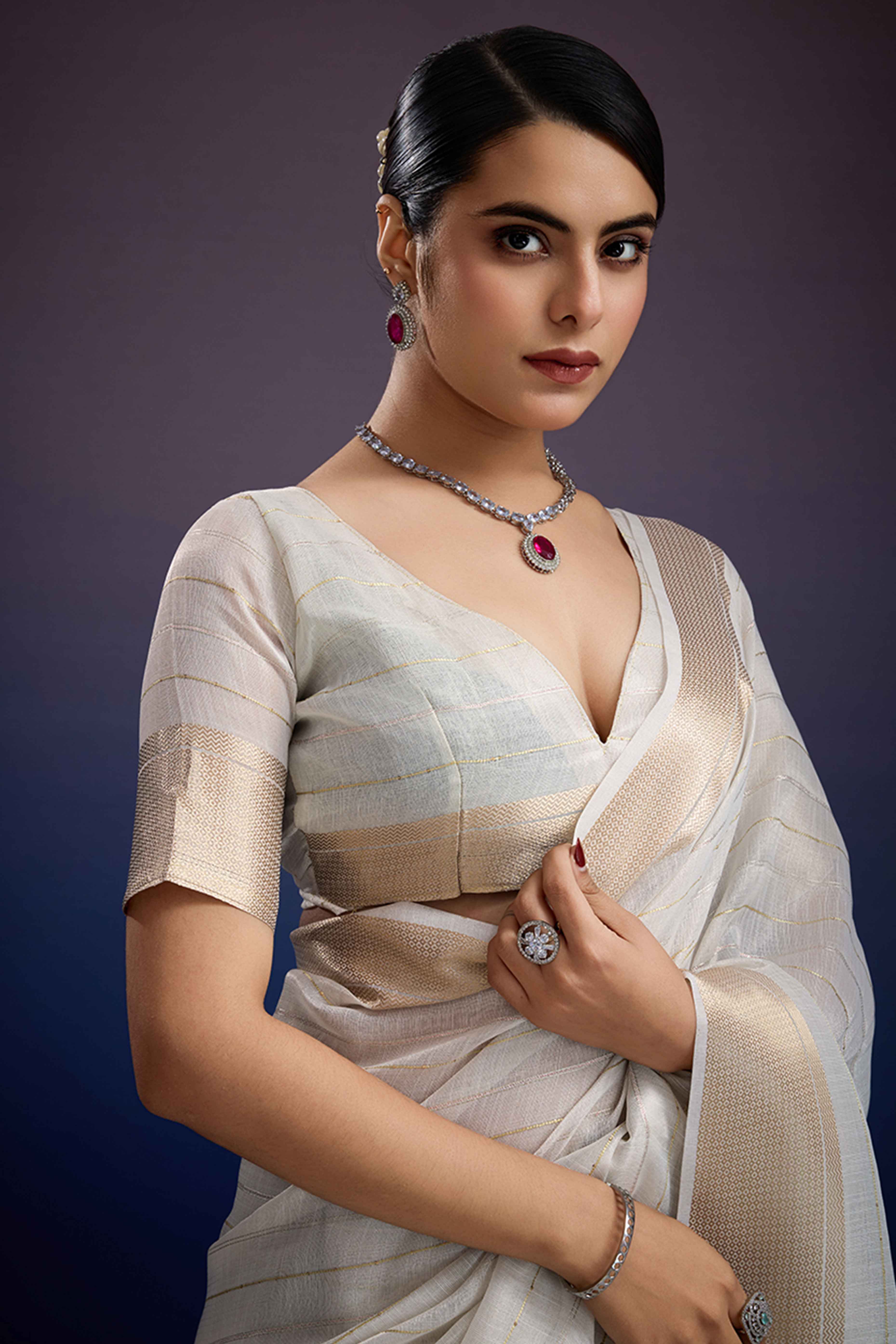 Off White Pure Linen Saree with Gold Toned Zari Weave