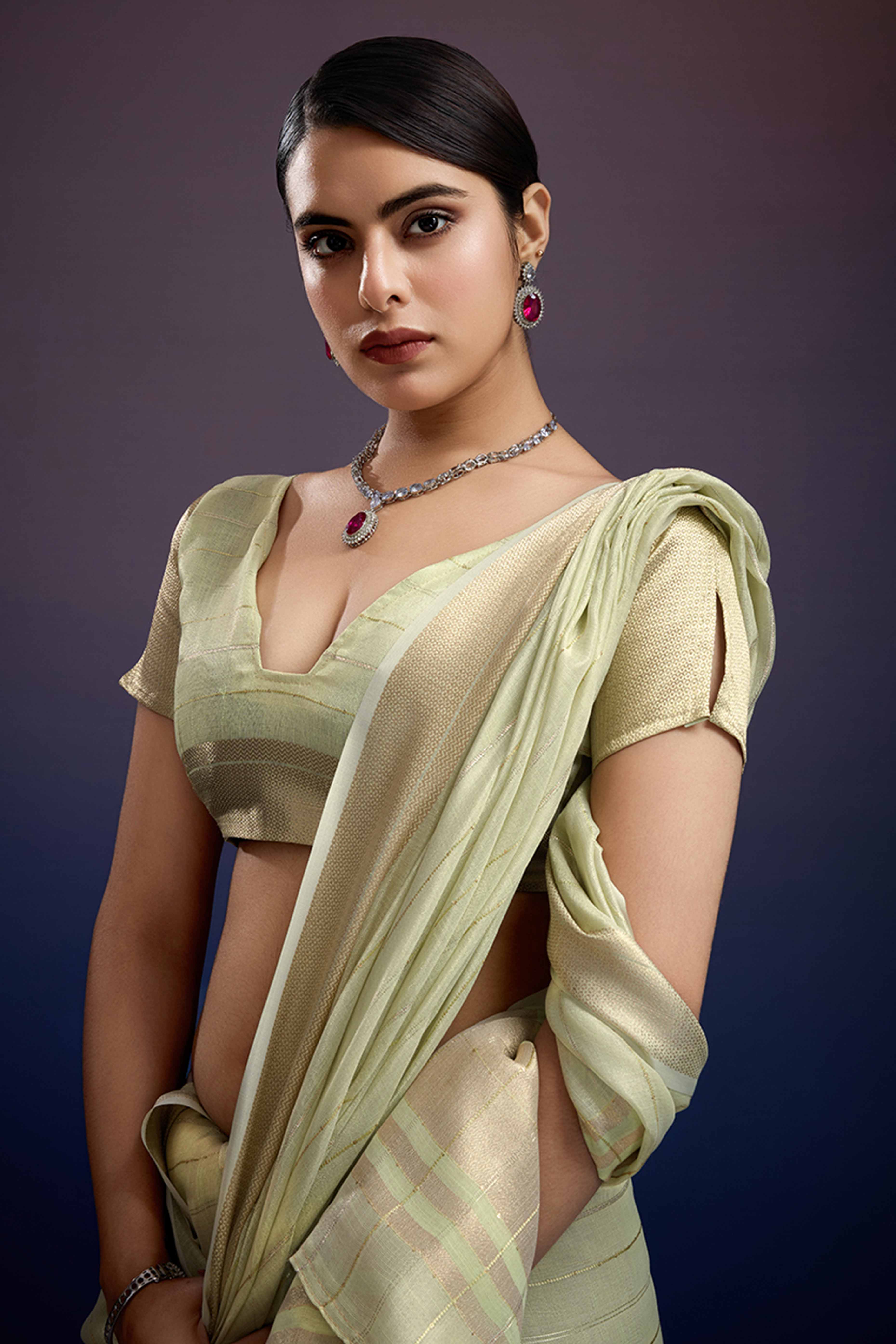Pista Green Pure Linen Saree with Gold Toned Zari Weave