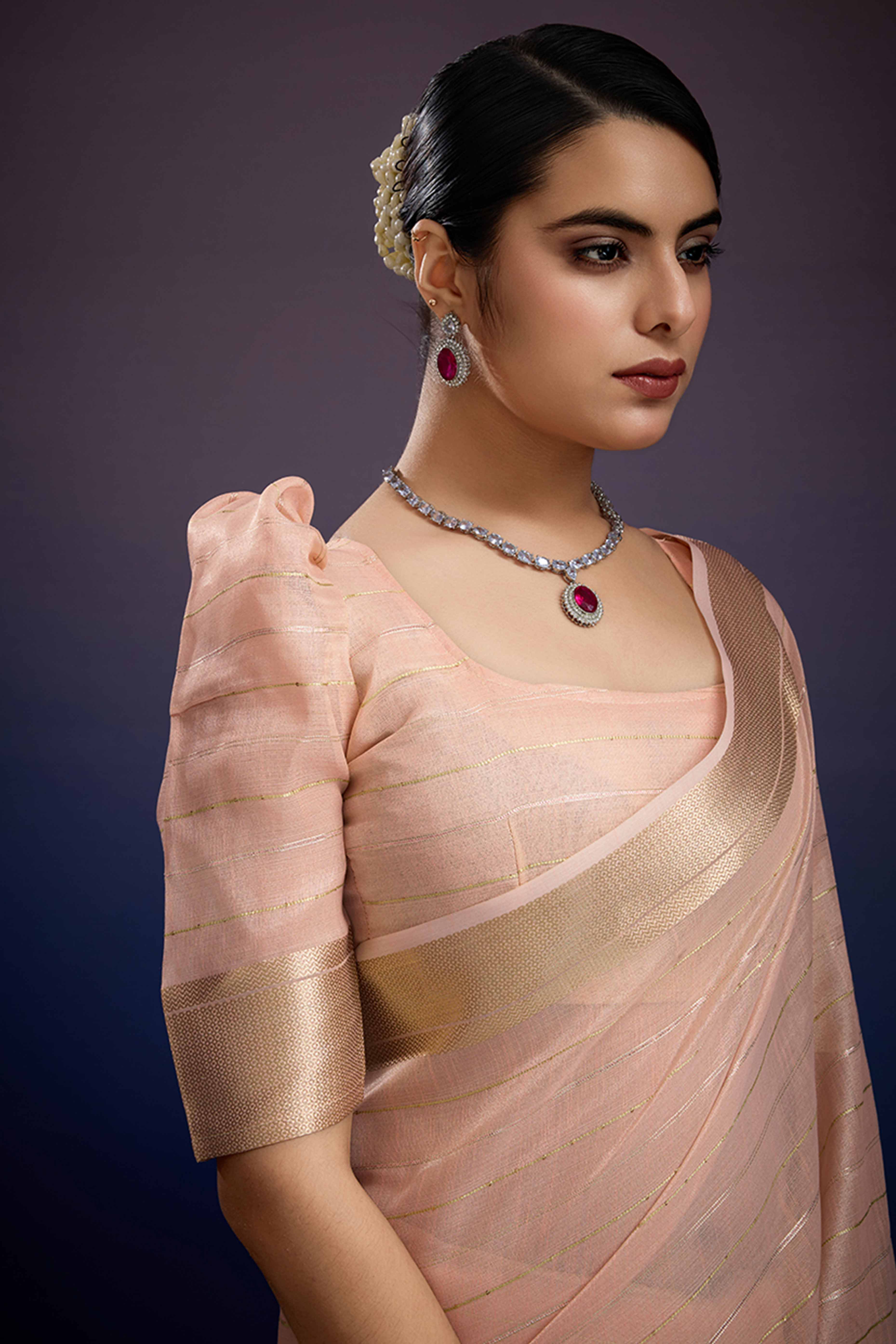 Light Peach Pure Linen Saree with Gold Toned Zari Weave