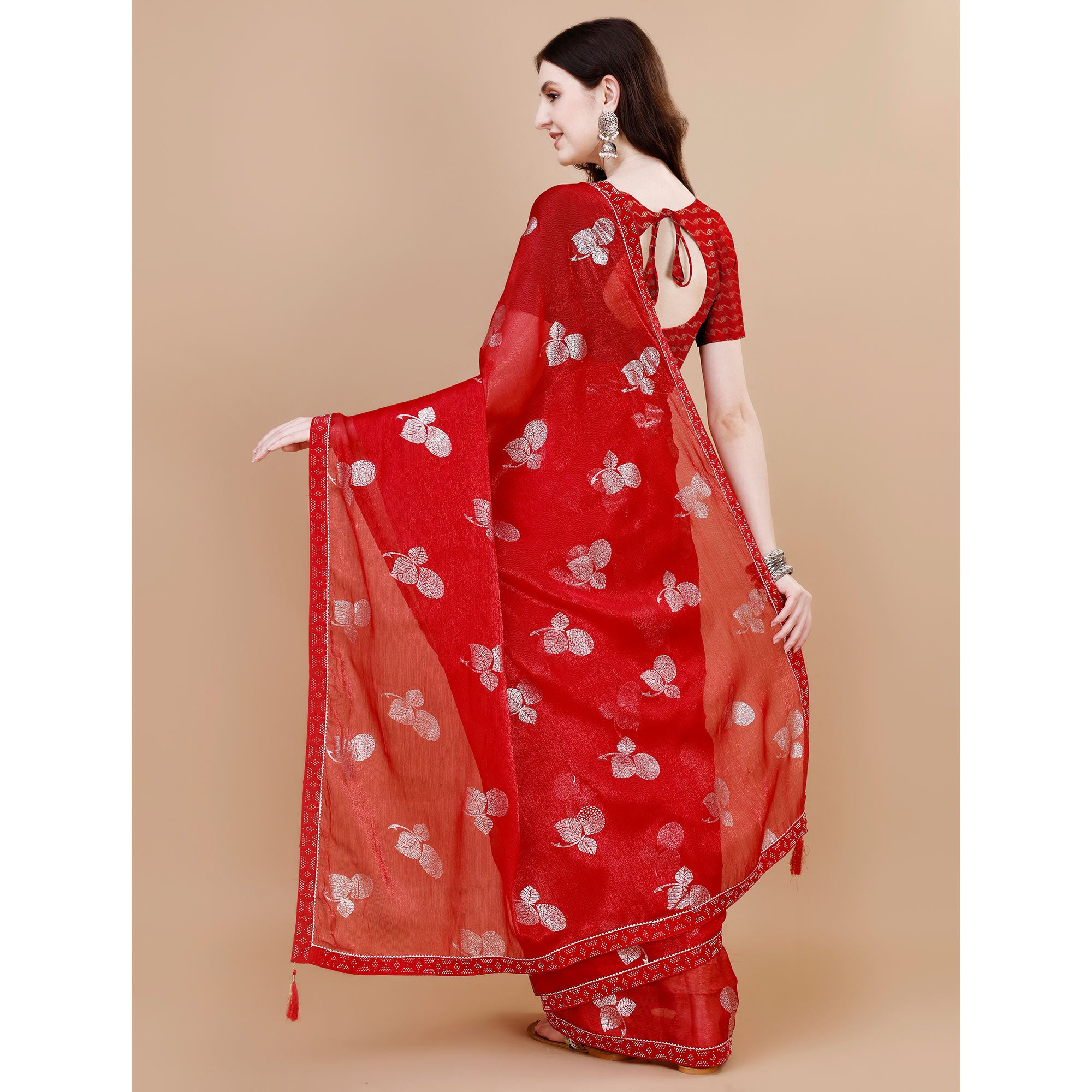 Red Floral Foil Printed Chiffon Saree