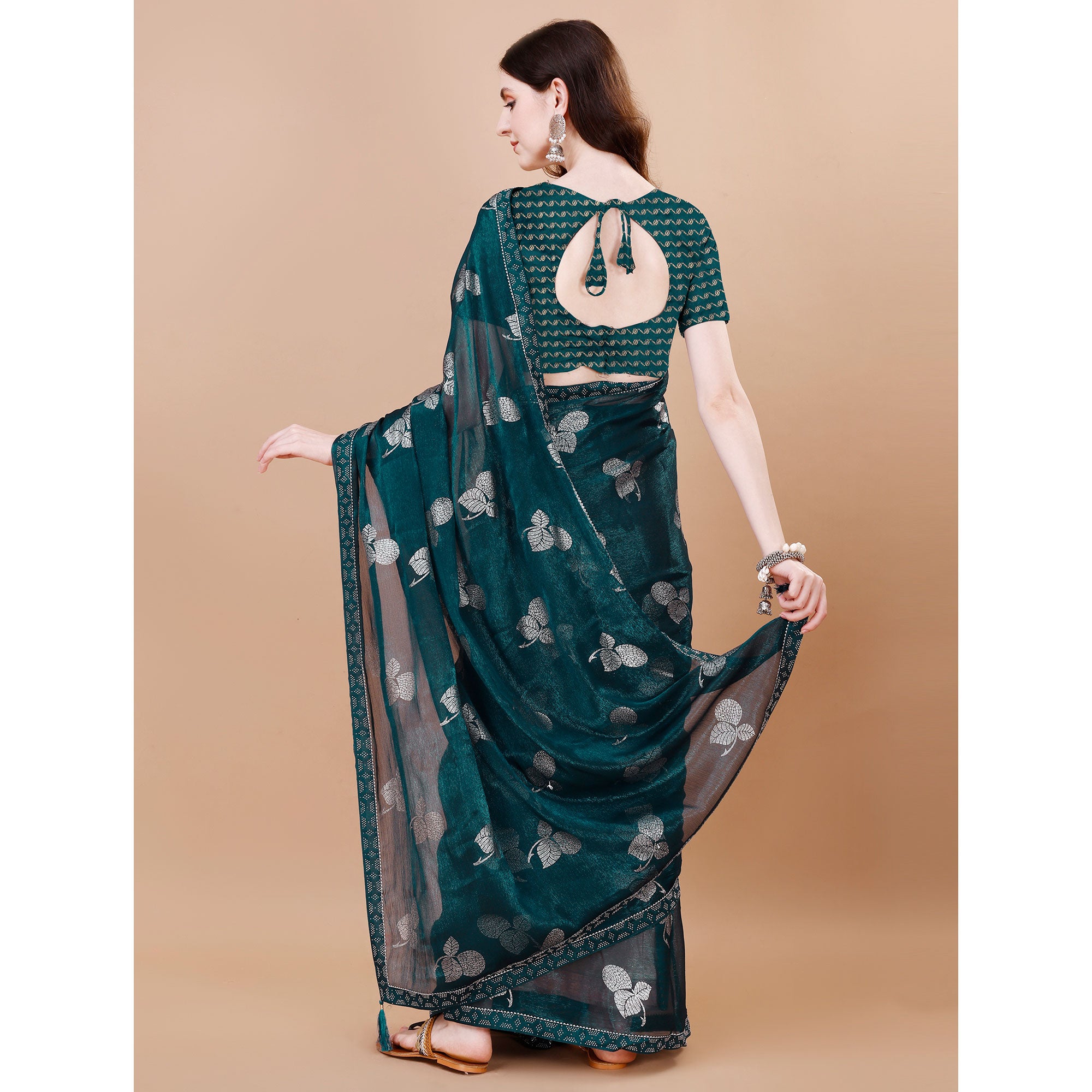 Blue Floral Foil Printed Chiffon Saree