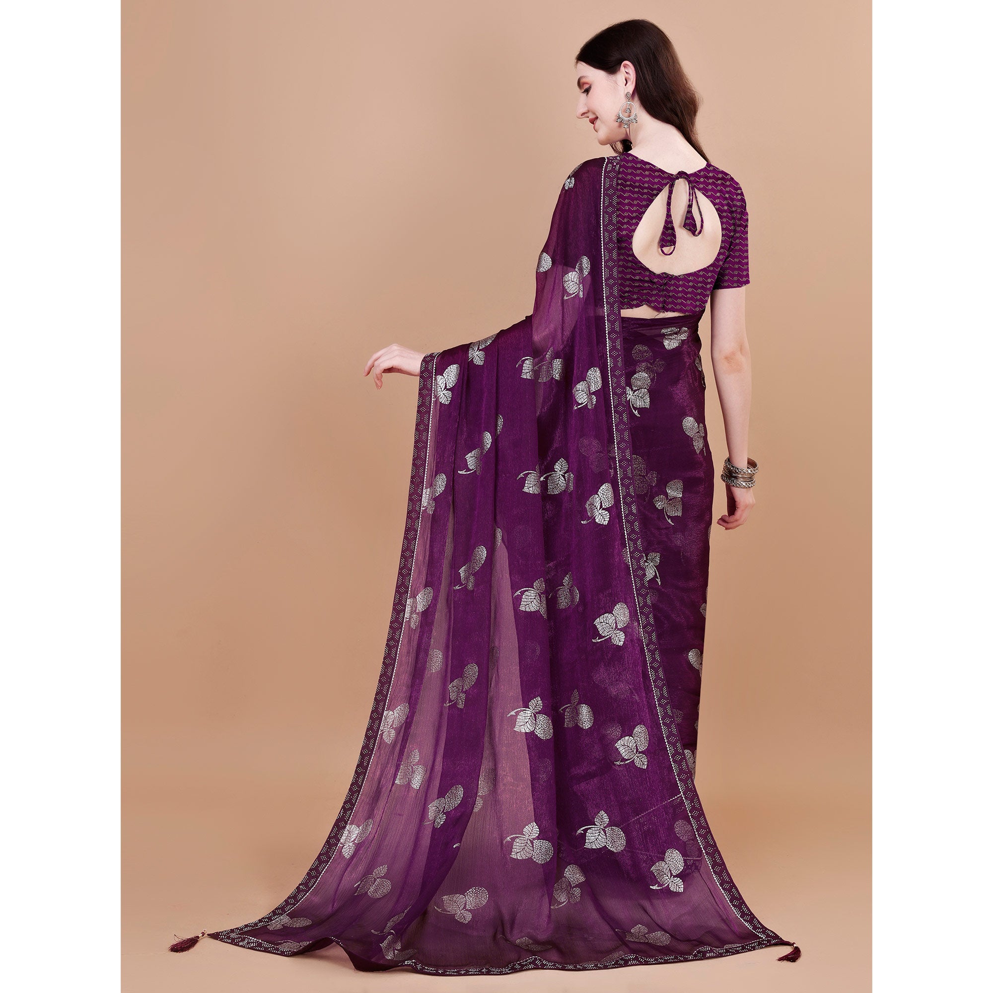 Purple Floral Foil Printed Chiffon Saree
