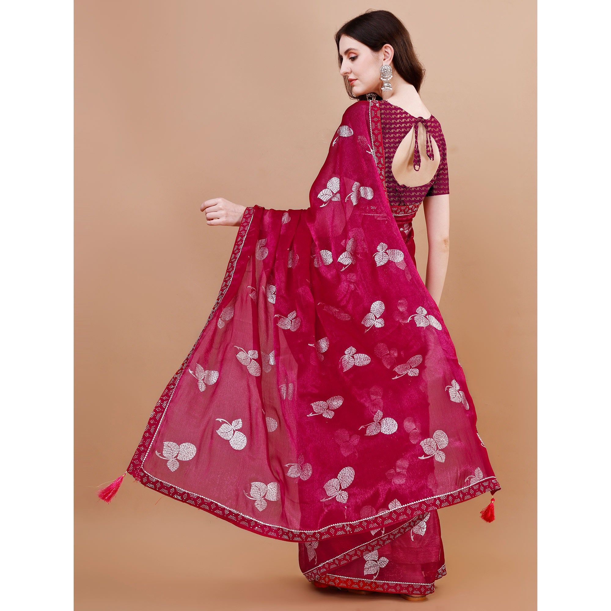 Pink Floral Foil Printed Chiffon Saree