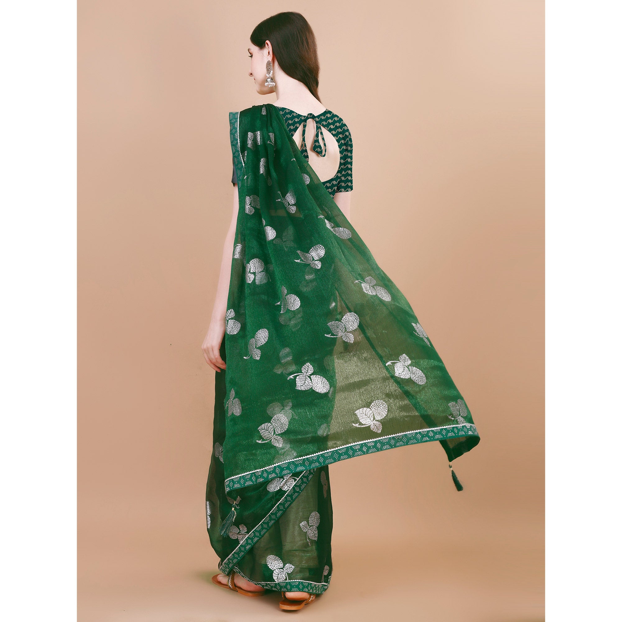Green Floral Foil Printed Chiffon Saree