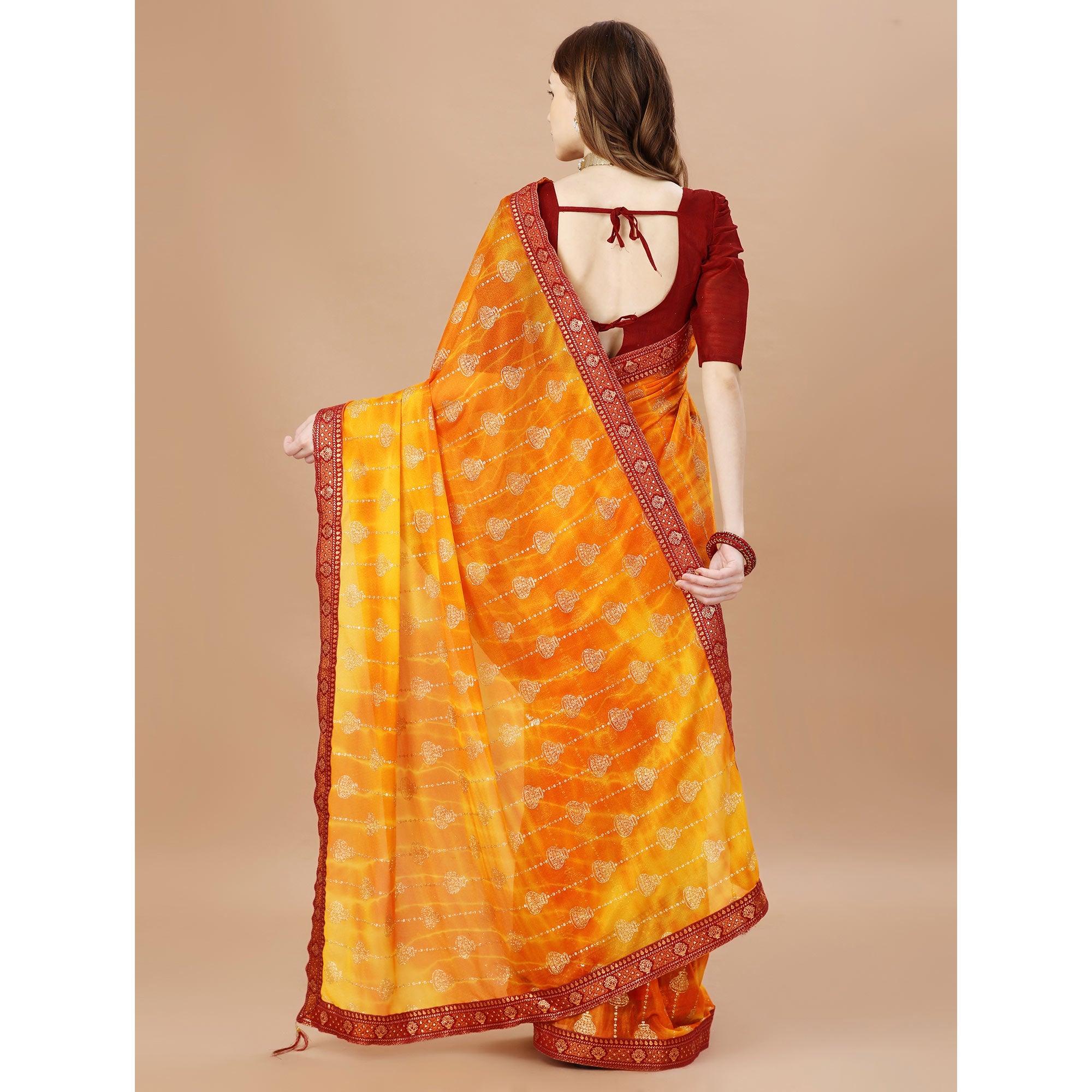 Orange Foil Printed Lycra Saree With Lace Border