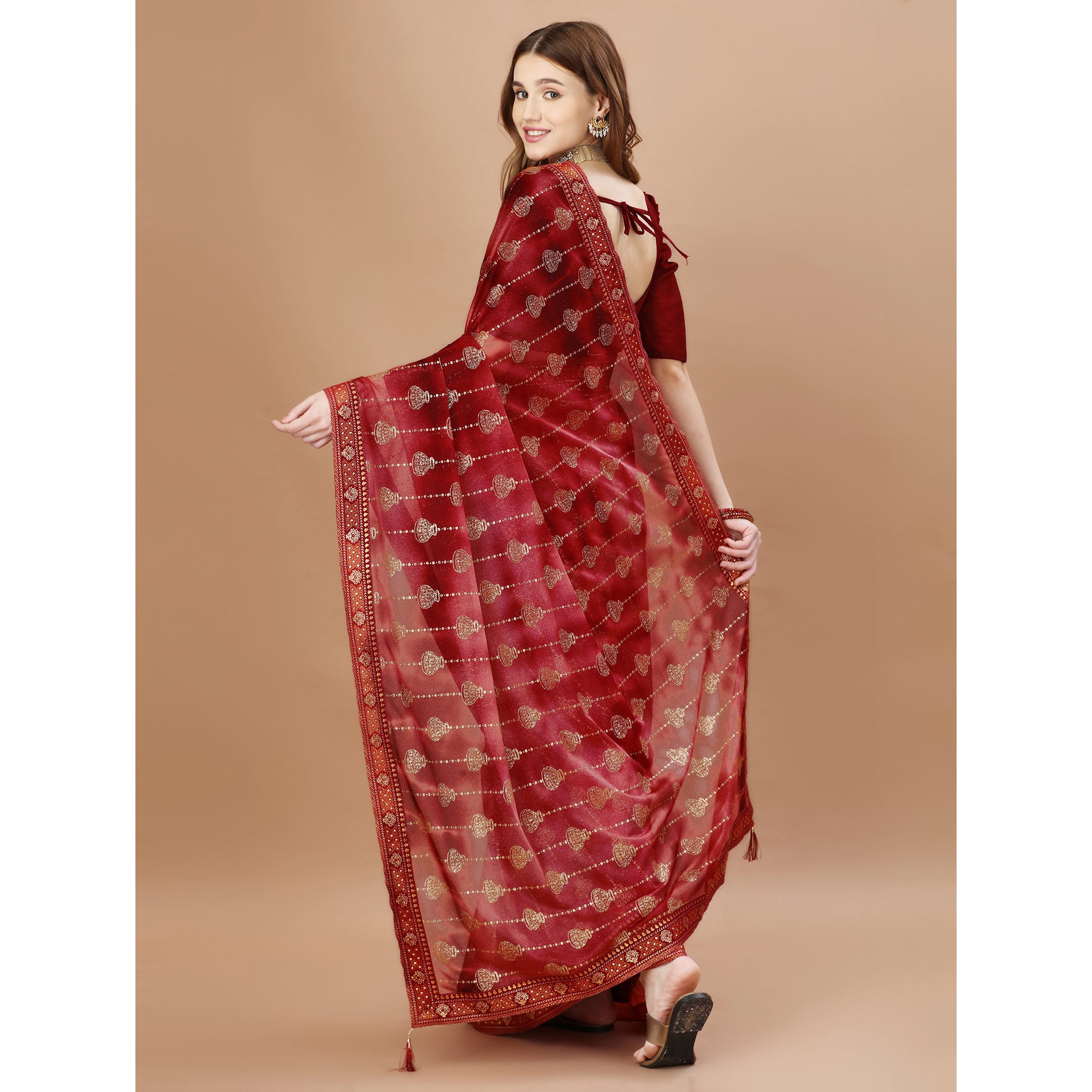 Maroon Foil Printed Lycra Saree With Lace Border