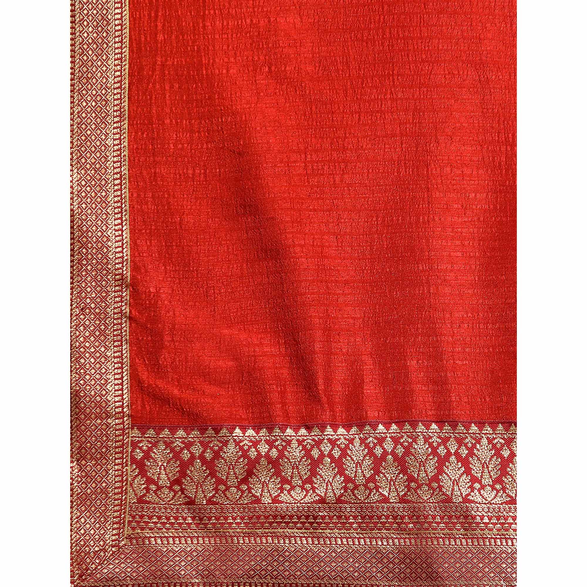Rust Solid Vichitra Silk Saree With Fancy Zari Border