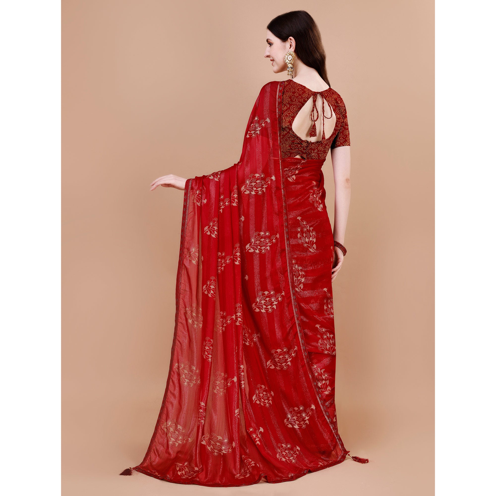 Red Foil Printed Chiffon Saree With Lace Border