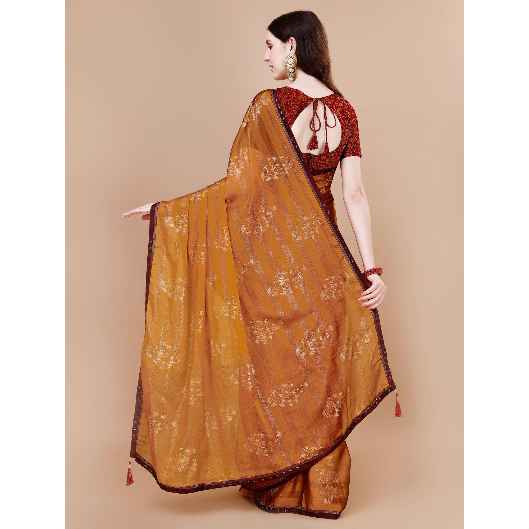 Mustard Foil Printed Chiffon Saree With Lace Border