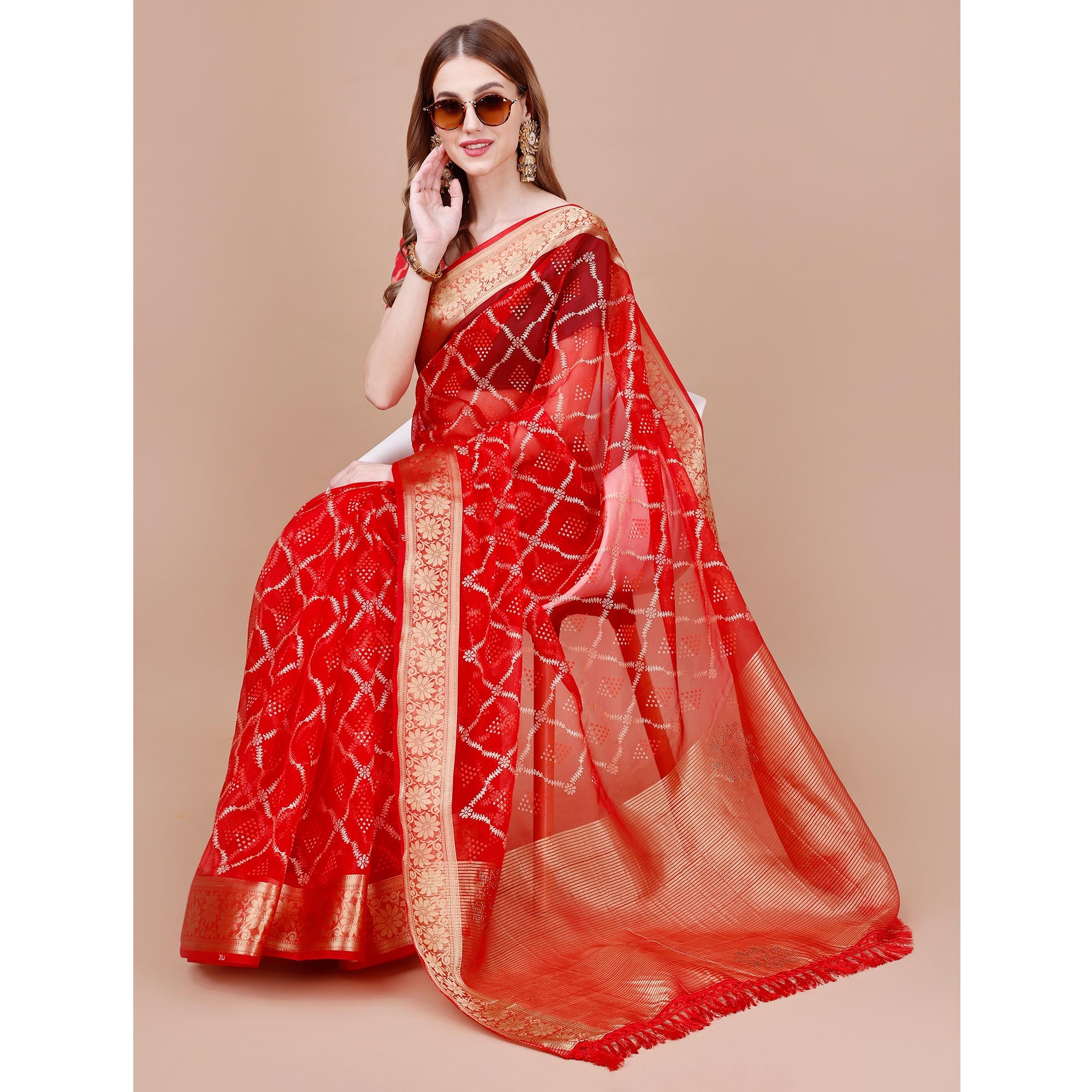 Red Bandhani Printed Organza Saree With Woven Border