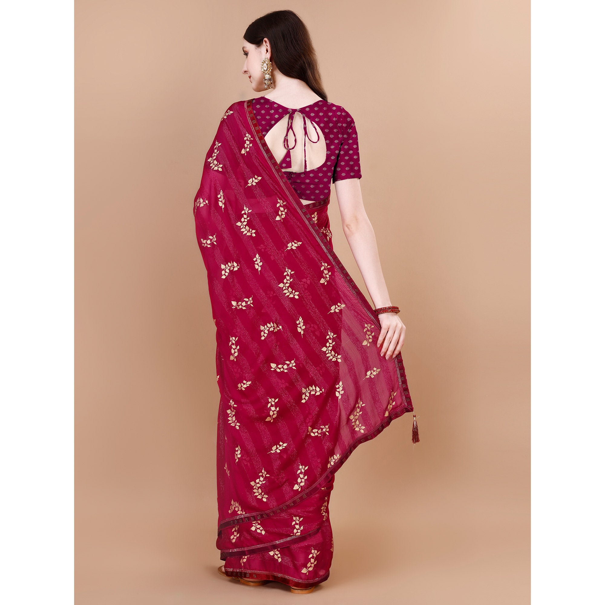 Pink Foil Printed Chiffon Saree With Lace Border