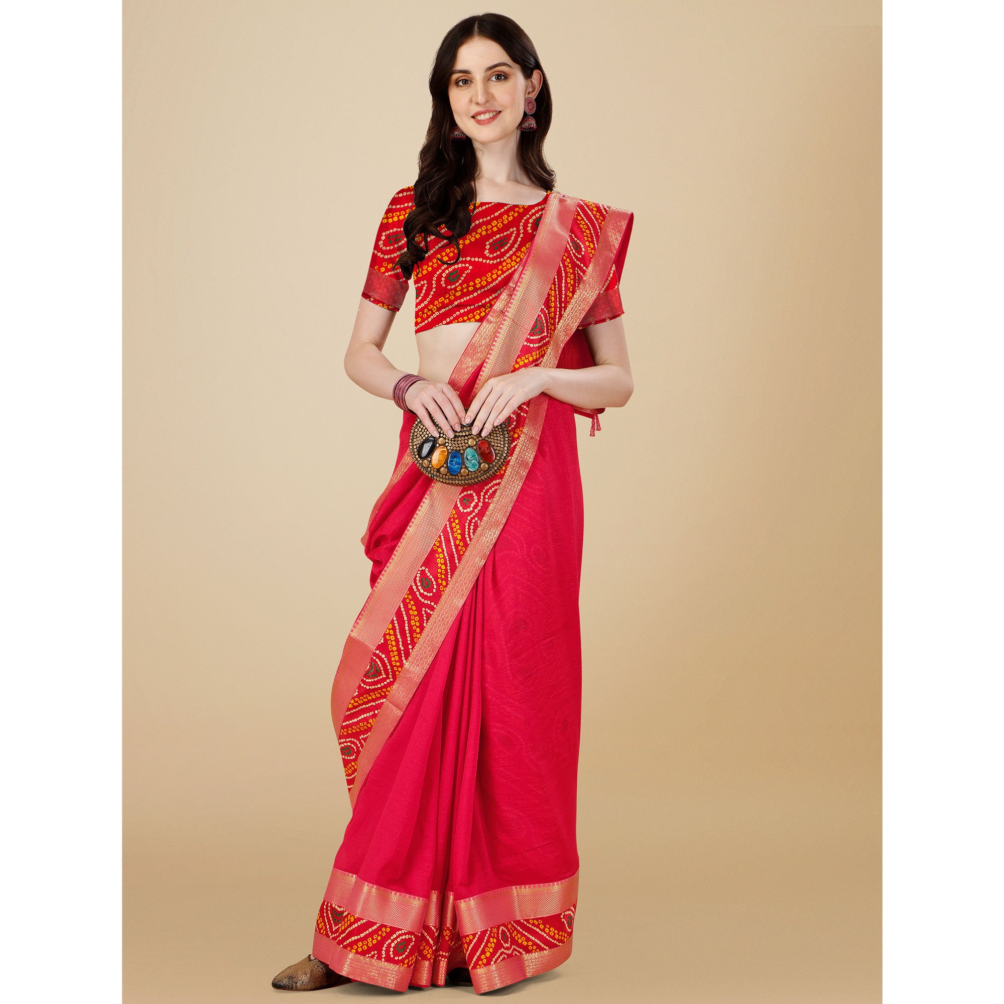 Pink Solid Vichitra Silk Saree