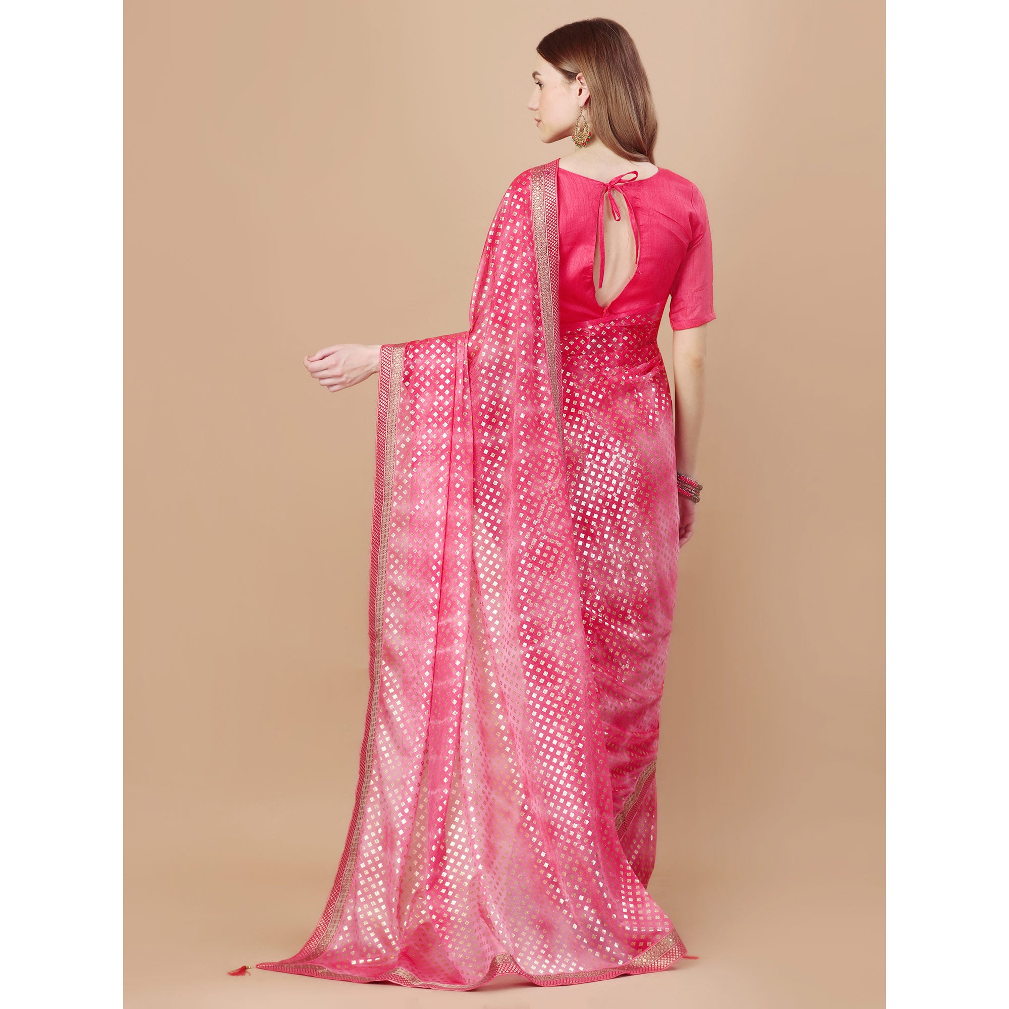Pink Foil Printed Lycra Saree With Lace Border