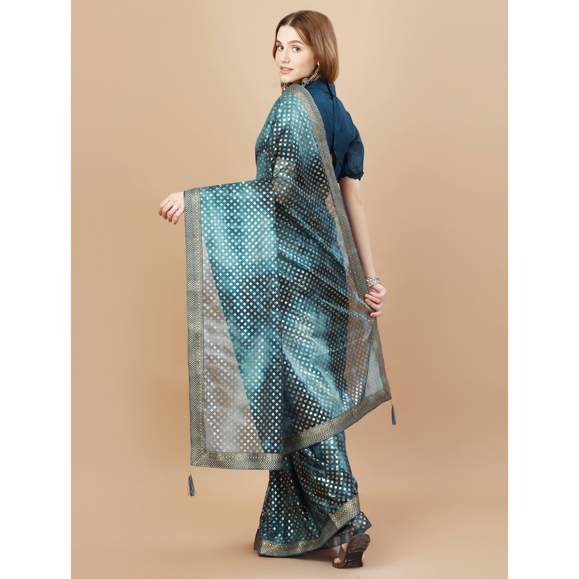 Blue Foil Printed Lycra Saree With Lace Border