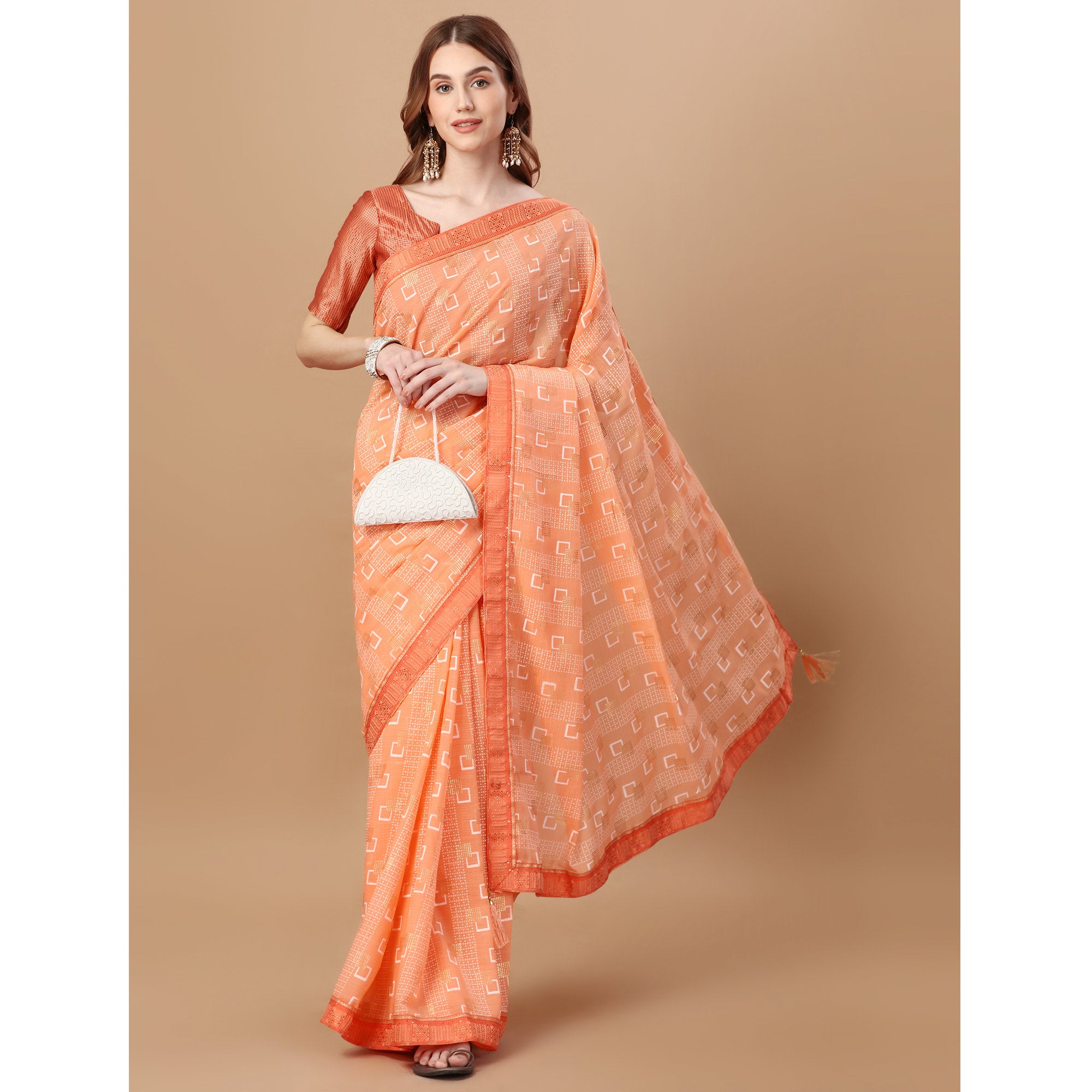Peach Foil Printed Chiffon Saree With Lace Border