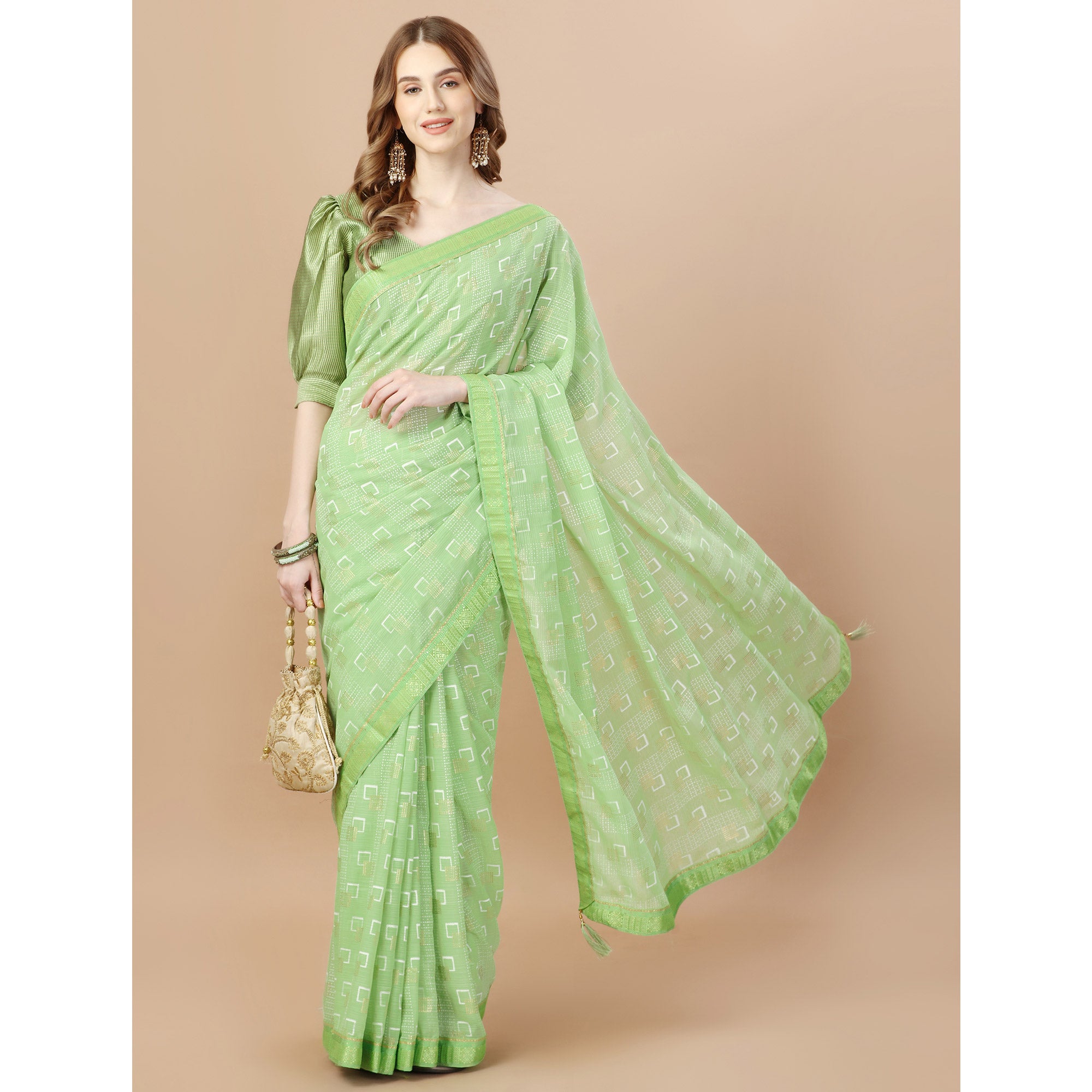 Green Foil Printed Chiffon Saree With Lace Border