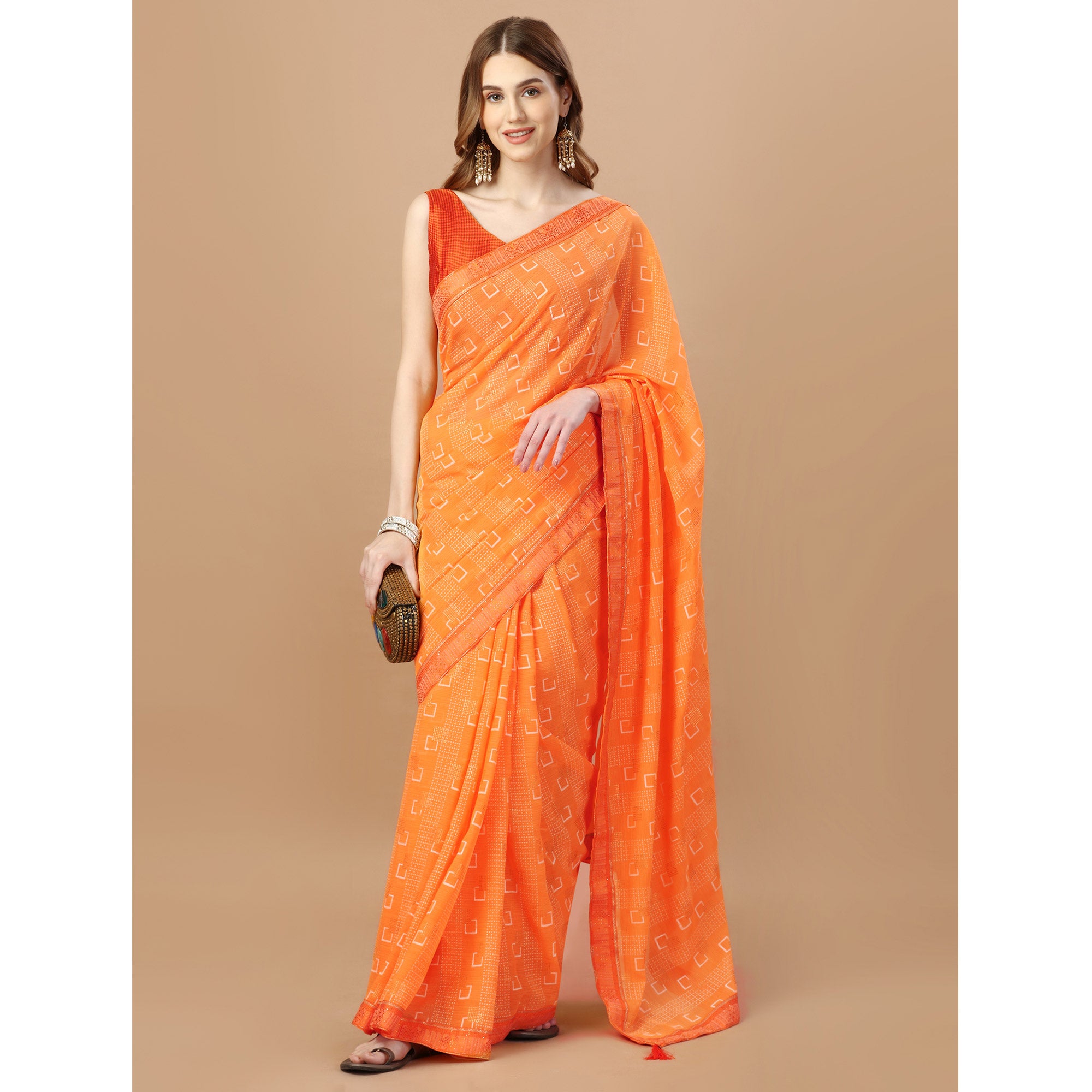 Orange Foil Printed Chiffon Saree With Lace Border