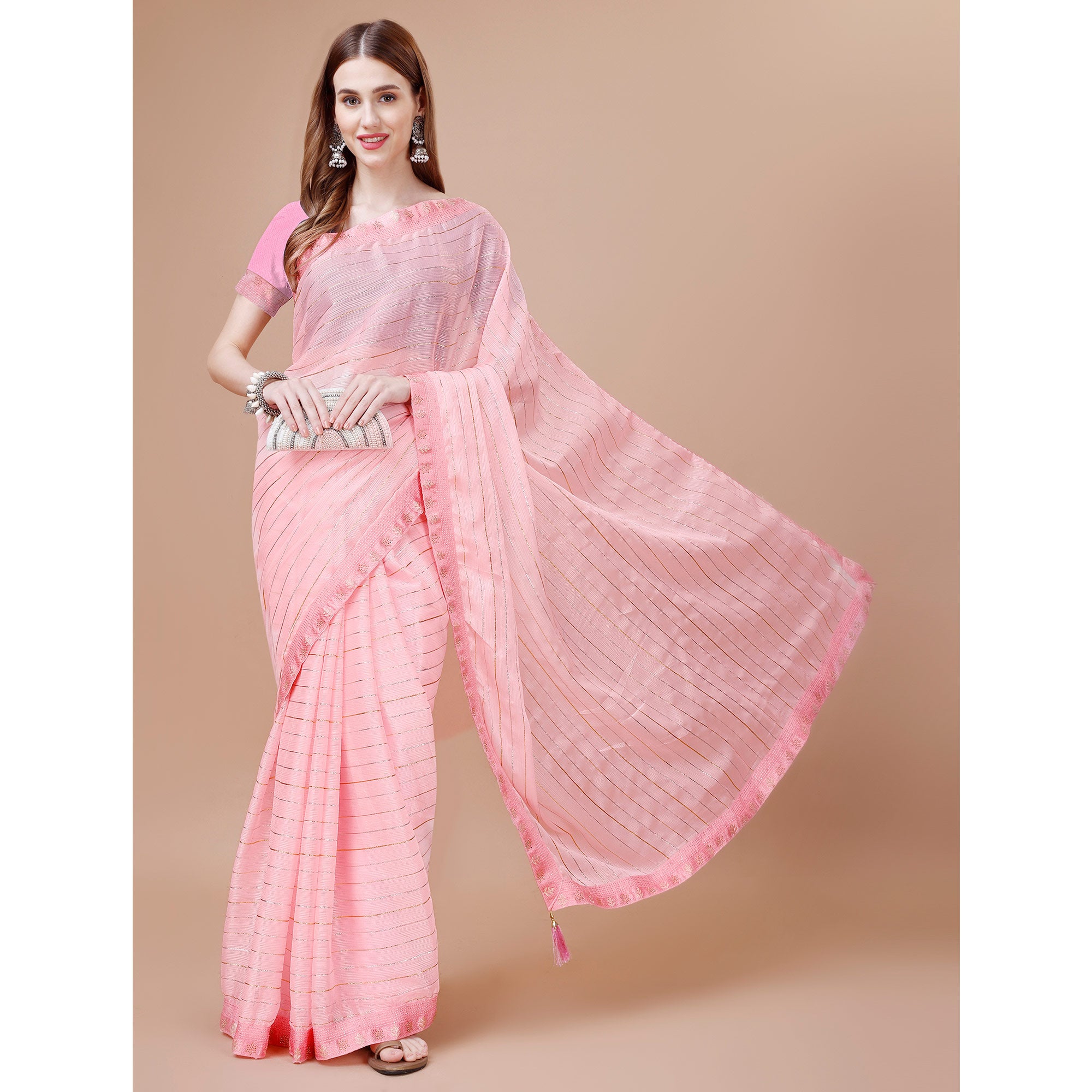 Baby Pink Zari Work Chiffon Saree