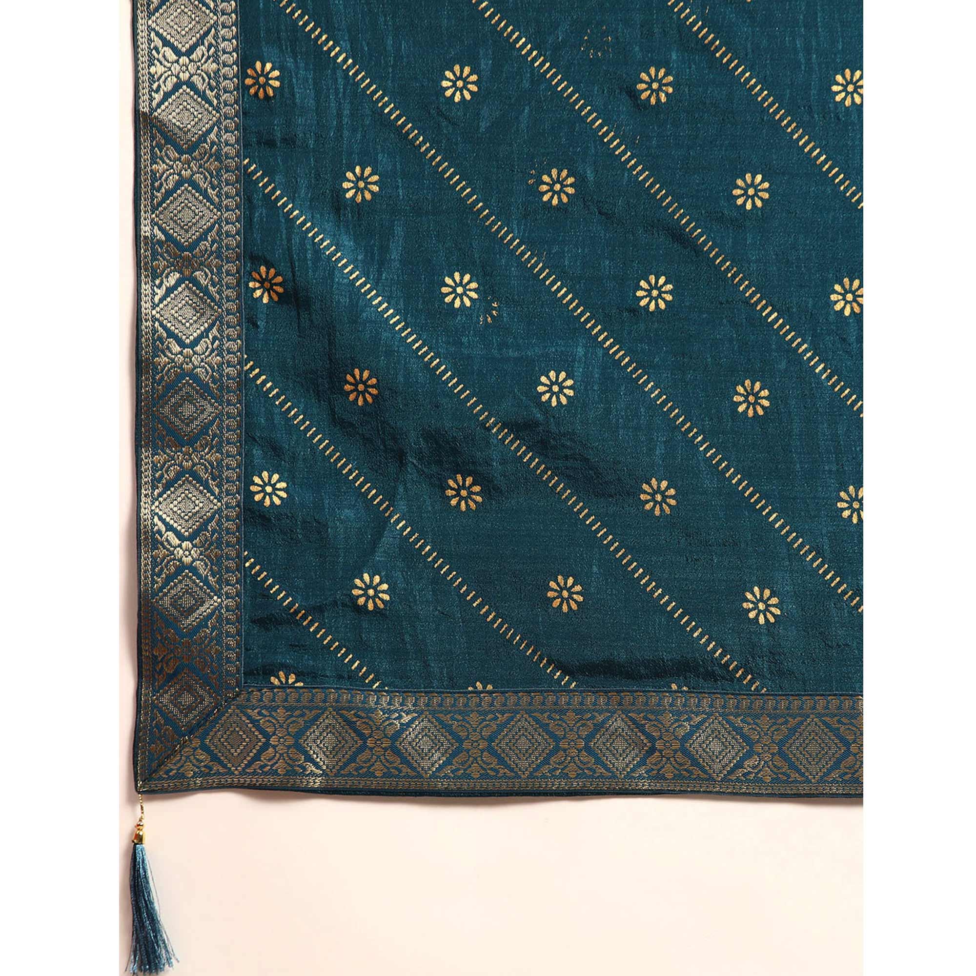 Blue Floral Foil Printed Vichitra Silk Saree
