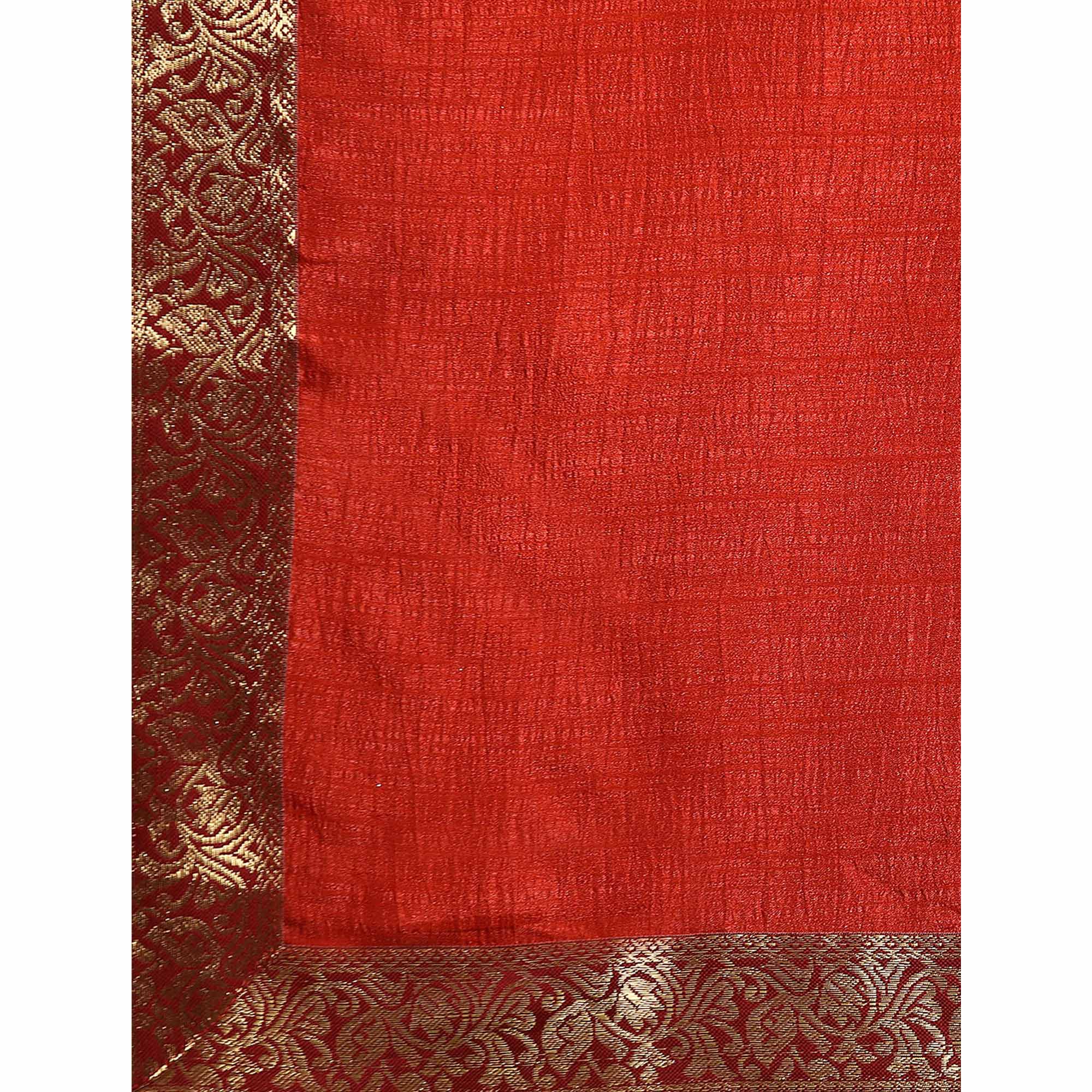 Rust Solid Vichitra Silk Saree With Fancy Zari Border