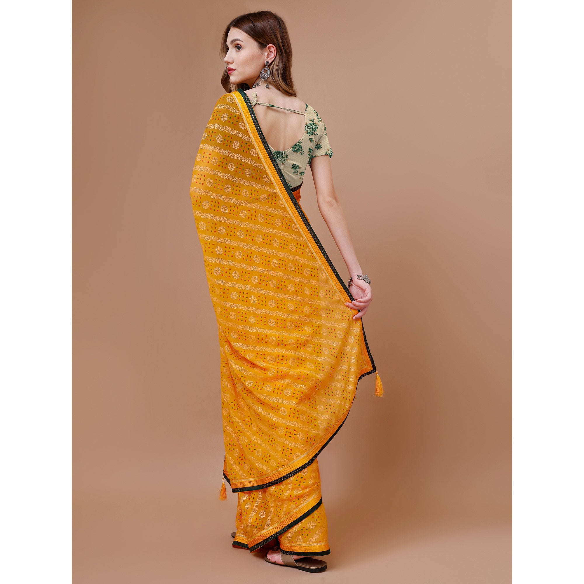 Yellow Floral Foil Printed Chiffon Saree With Lace Border
