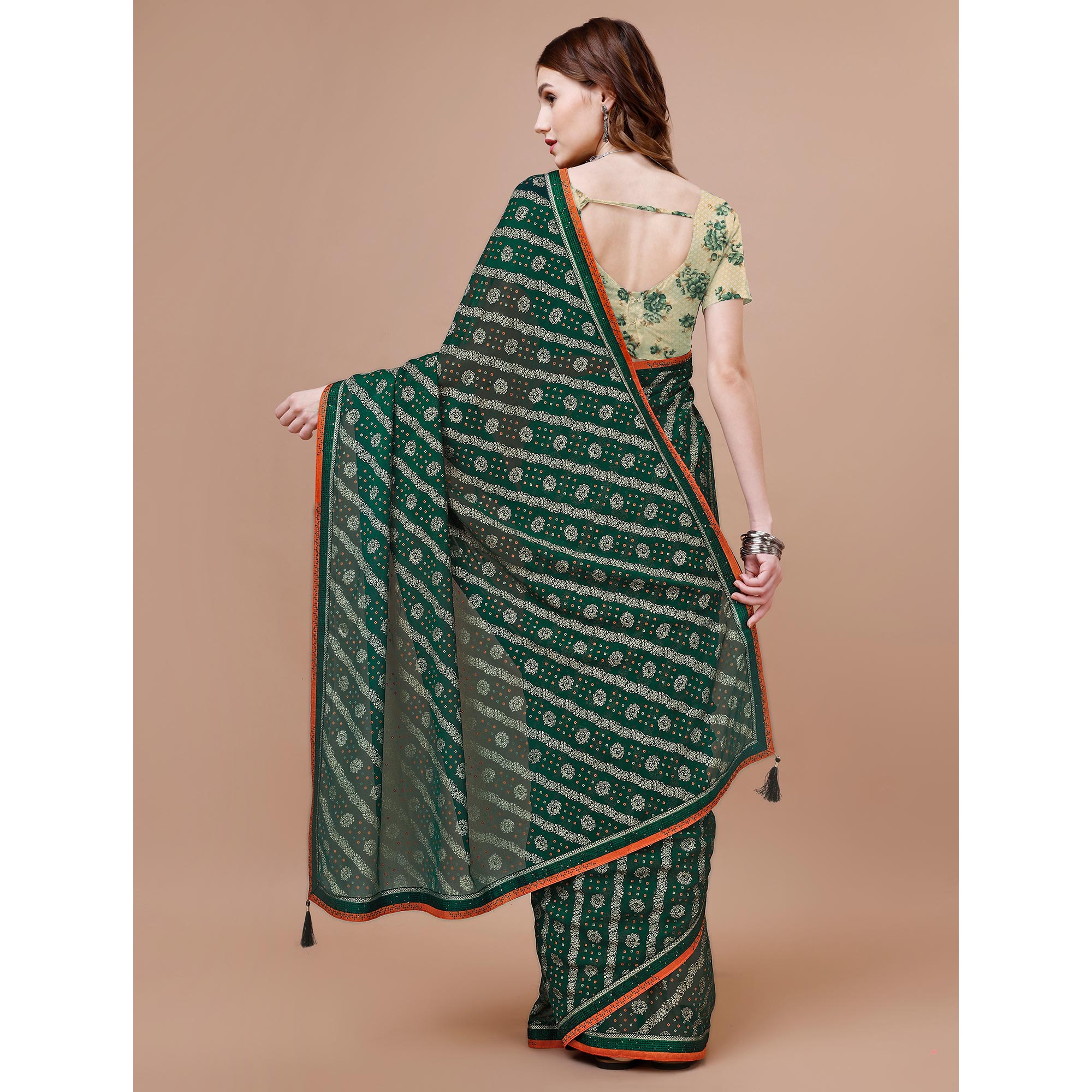 Green Floral Foil Printed Chiffon Saree With Lace Border