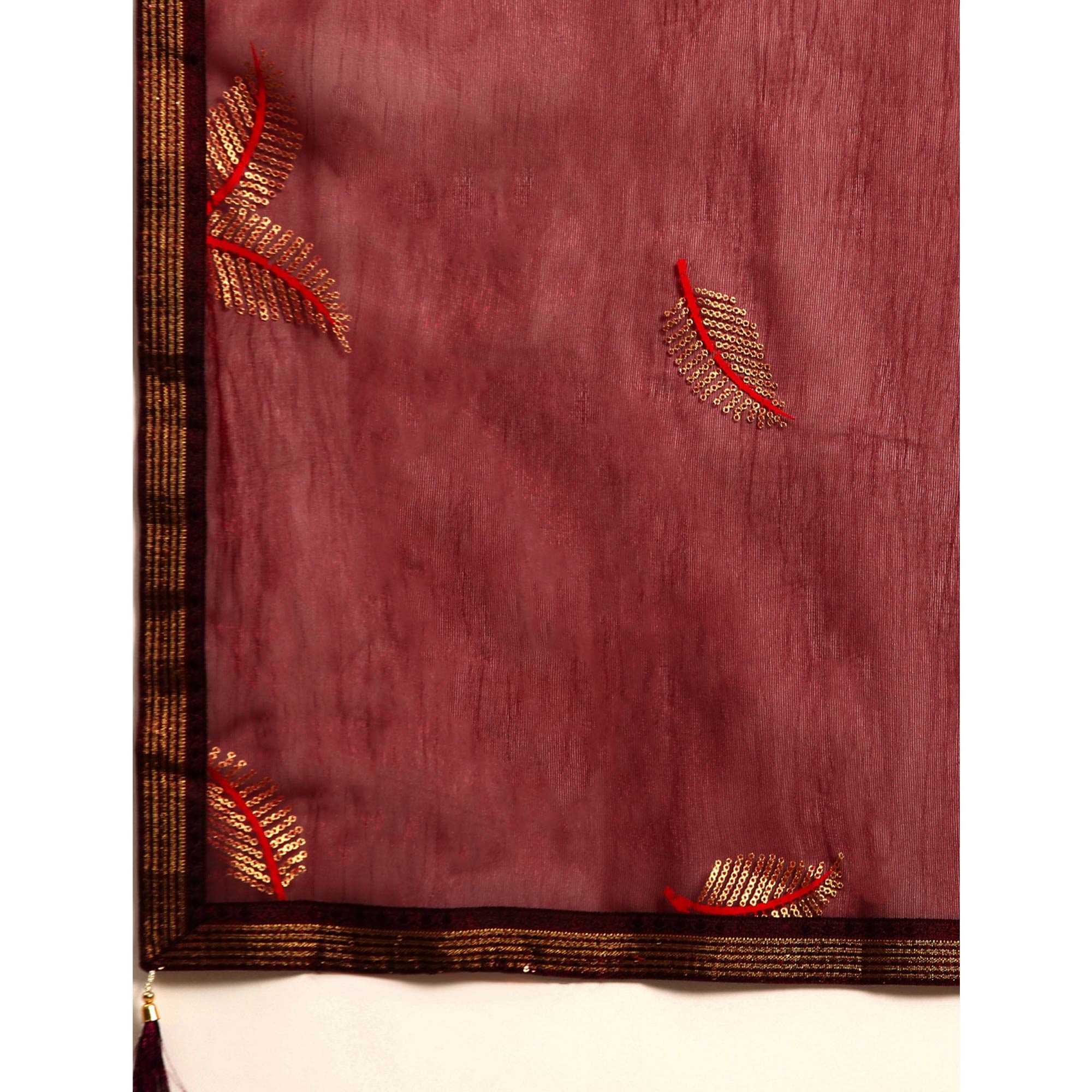 Wine Sequins Embroidered Chiffon Saree With Tassels