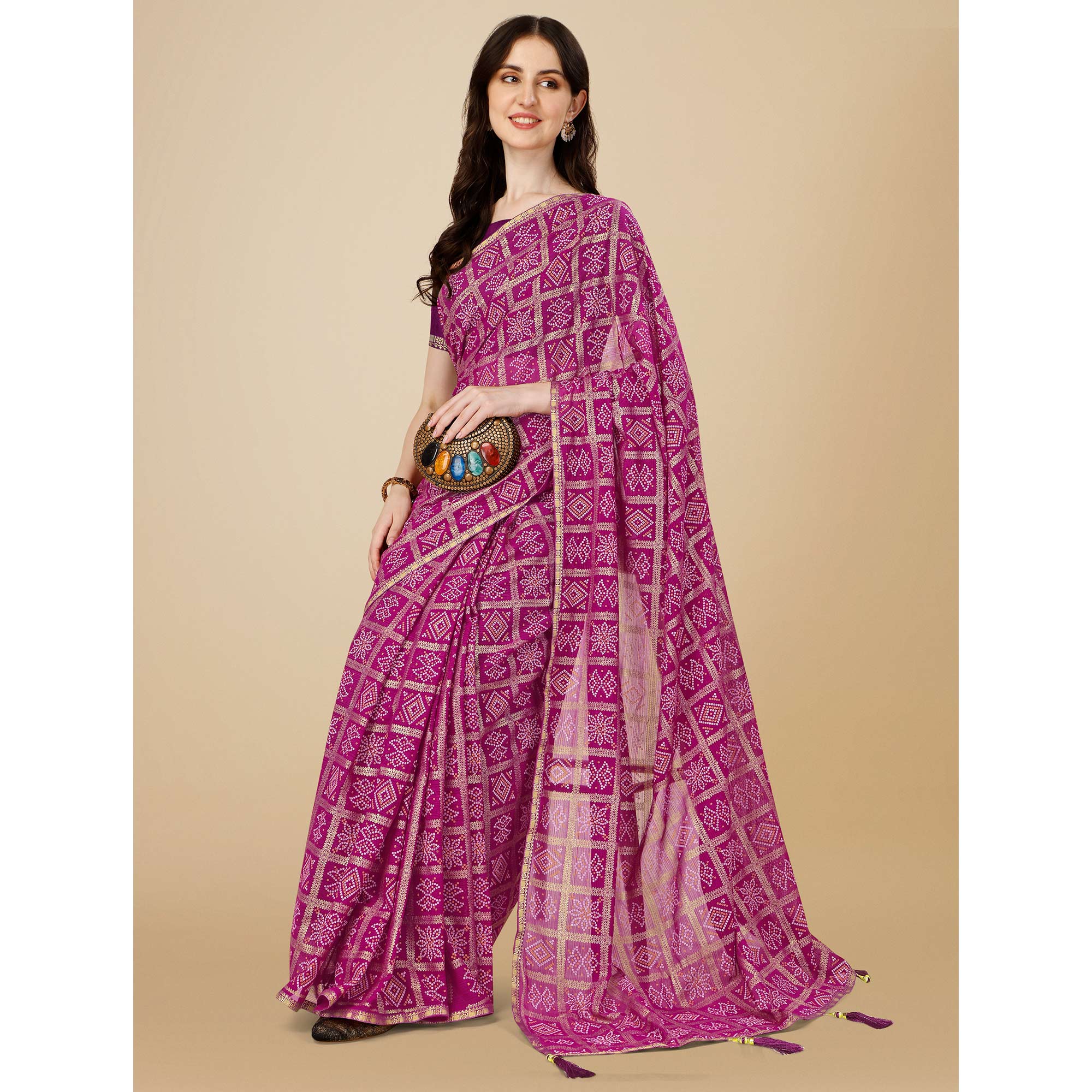 Purple Bandhani Foil Printed Zomato Saree With Tassels