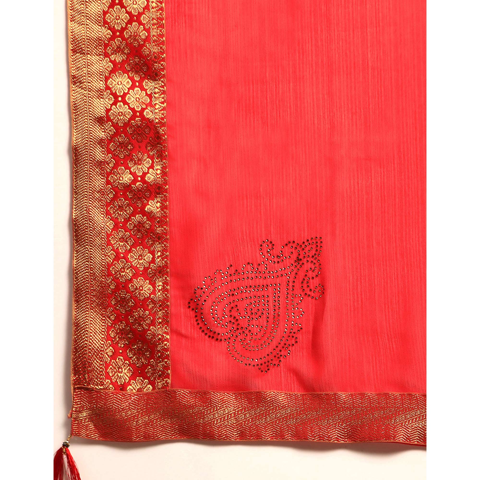 Red Swarovski Work Chiffon Saree With Zari Border