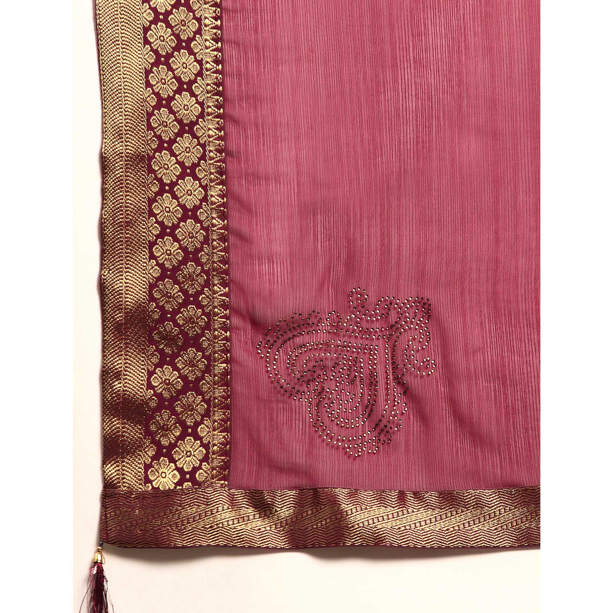 Wine Swarovski Work Chiffon Saree With Zari Border