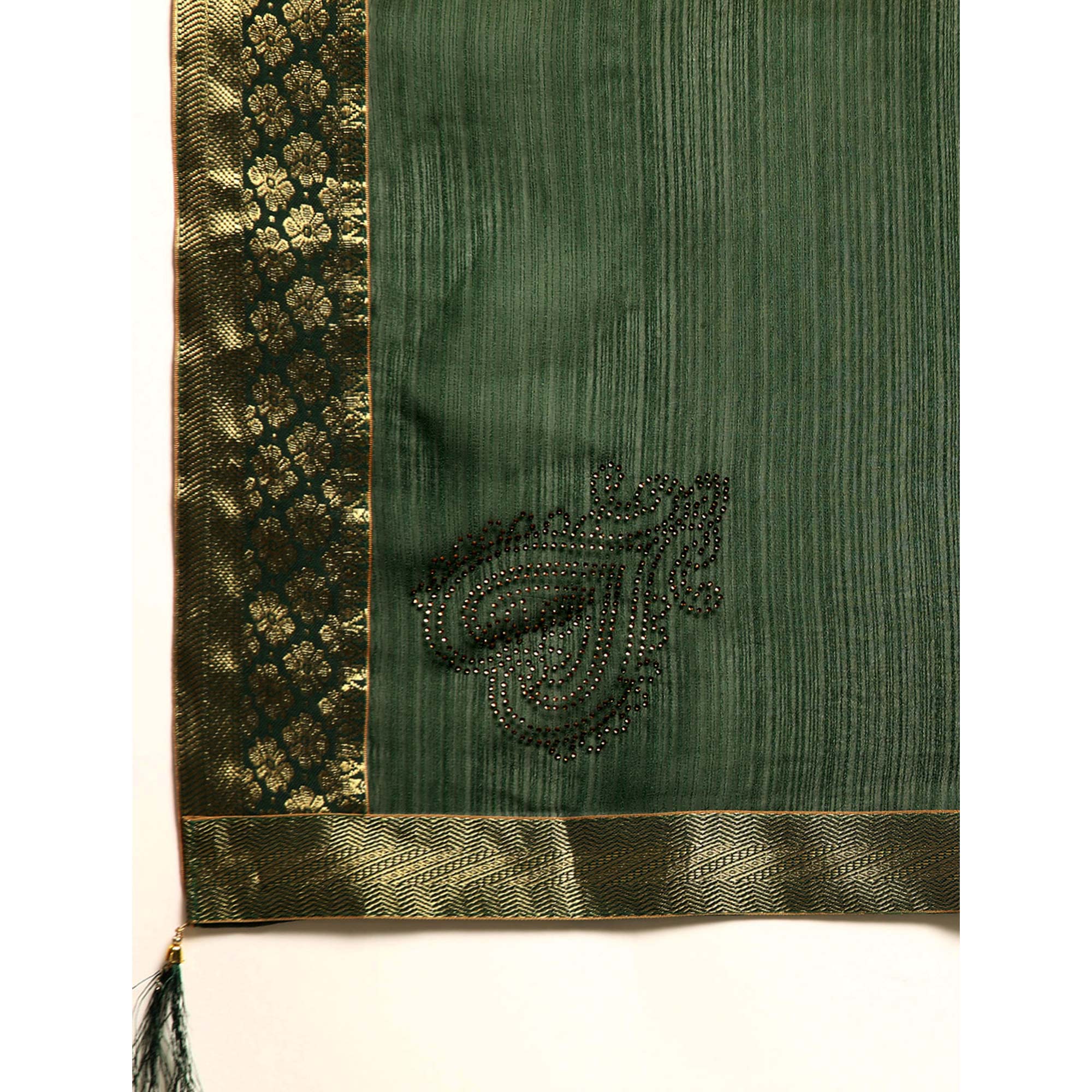 Green Swarovski Work Chiffon Saree With Zari Border