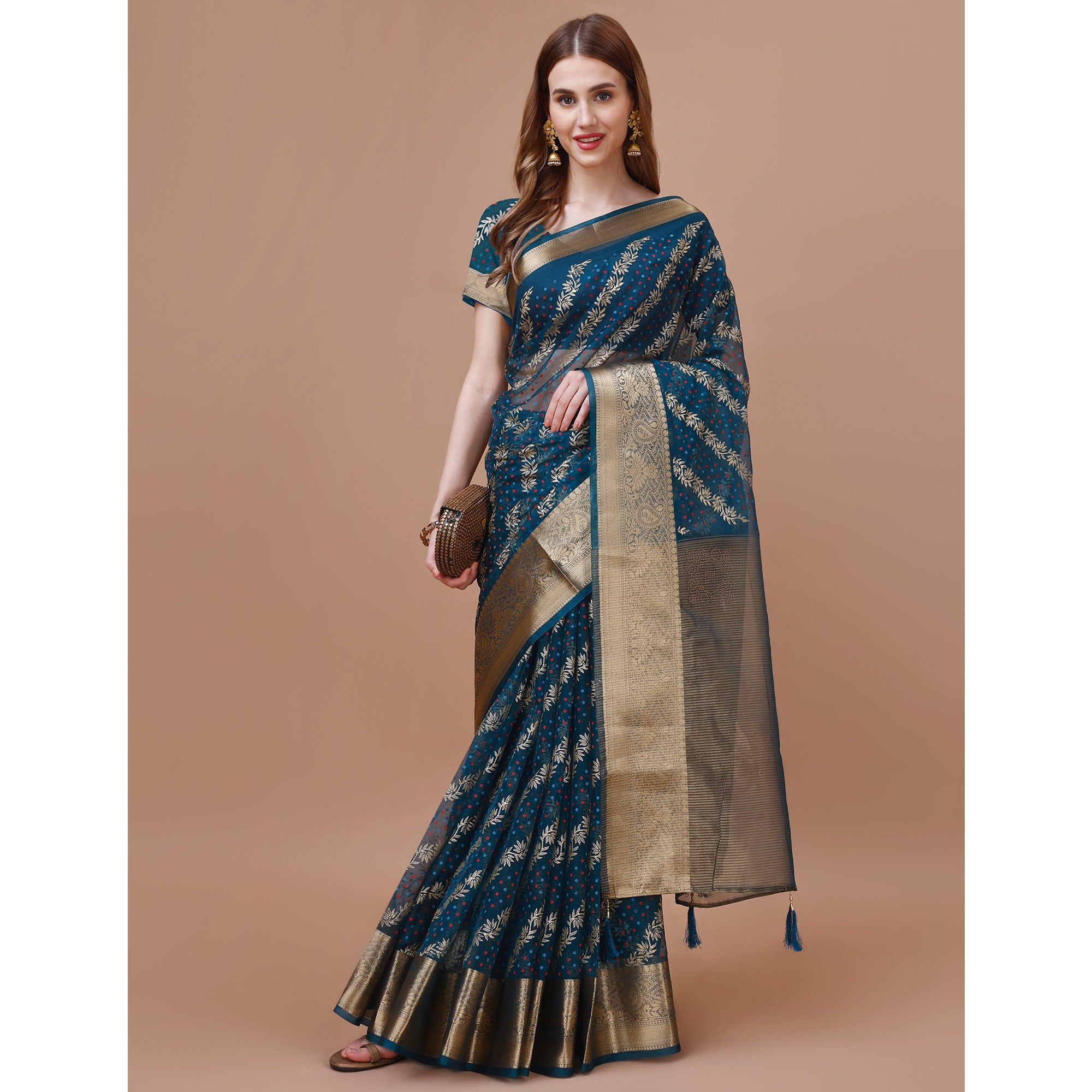 Blue Foil Printed Organza Saree With Woven Border