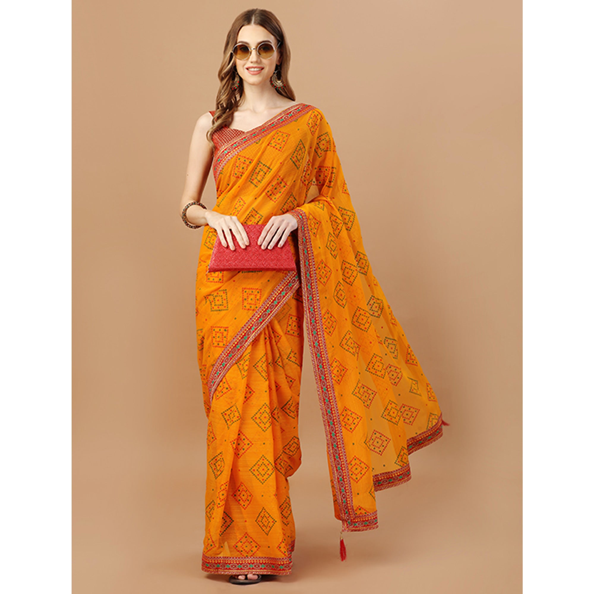 Yellow Bandhani Printed Chiffon Saree