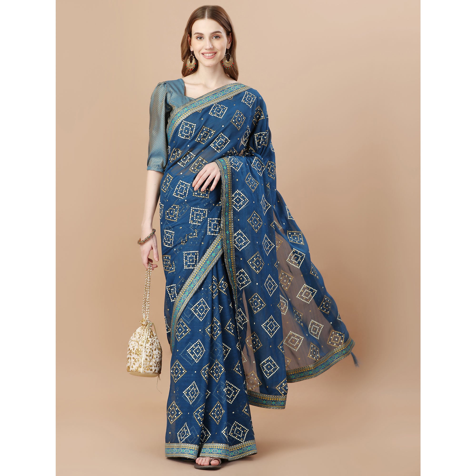 Blue Bandhani Printed Chiffon Saree
