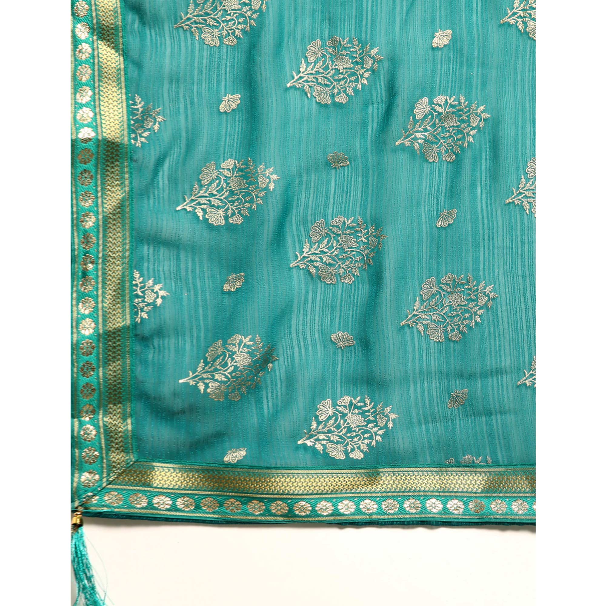 Turquoise Floral Foil Printed Chiffon Saree With Tassels