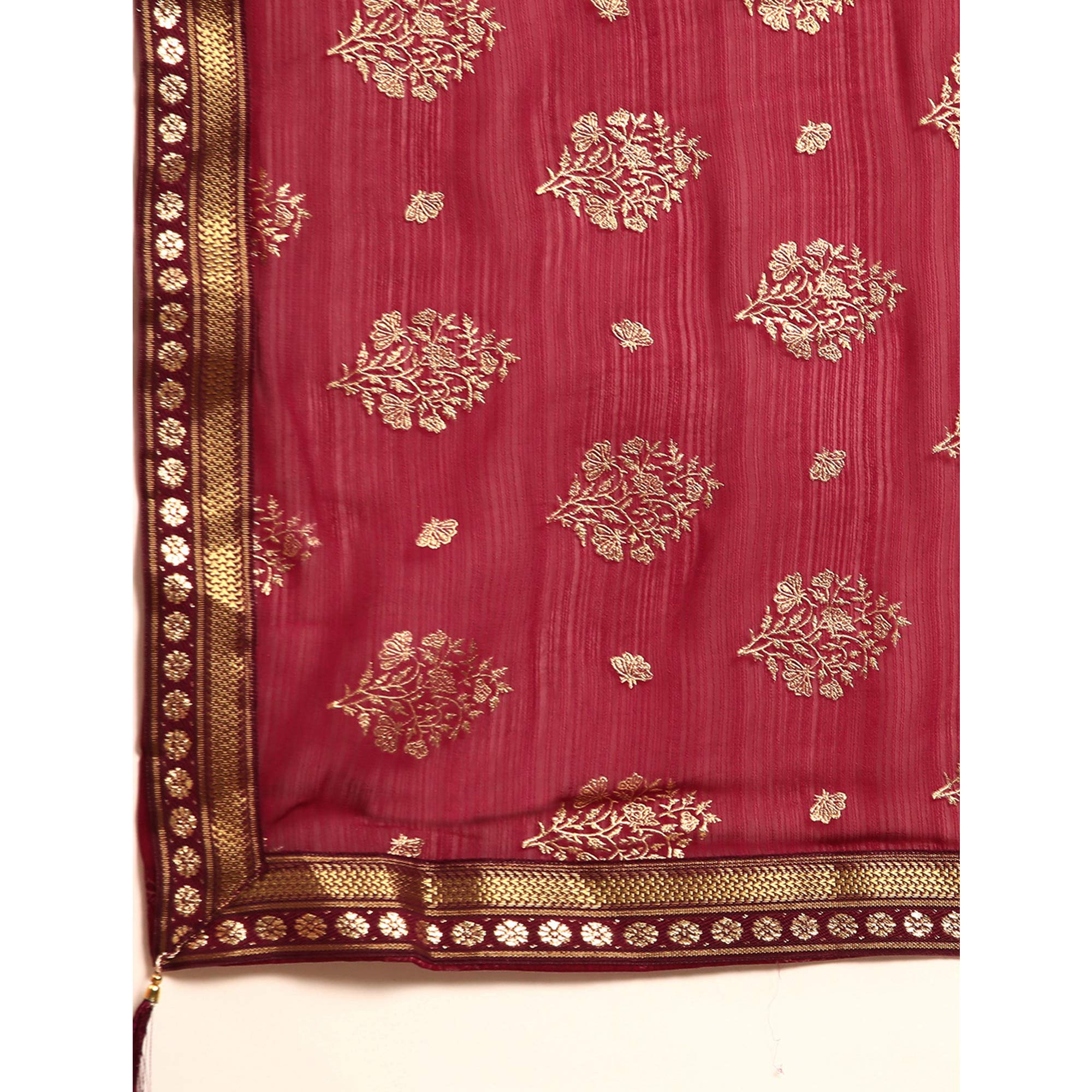 Wine Floral Foil Printed Chiffon Saree With Tassels