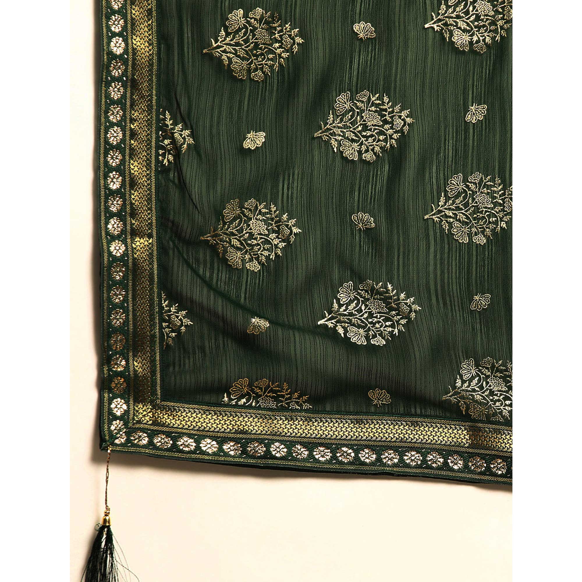 Green Floral Foil Printed Chiffon Saree With Tassels