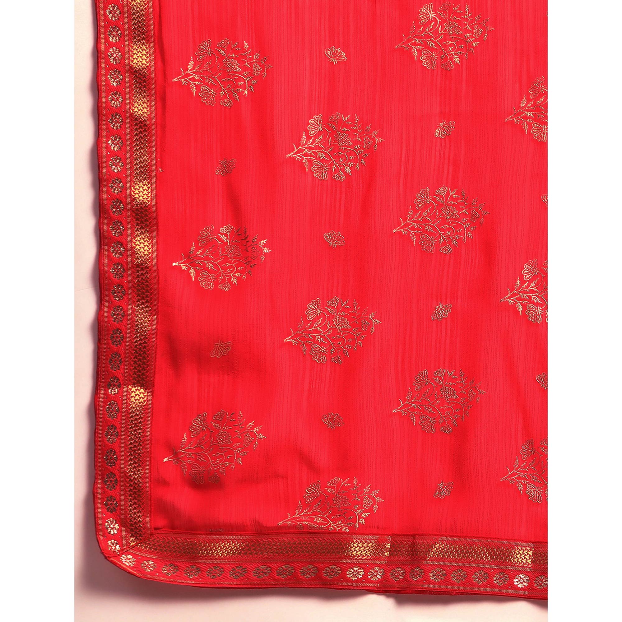 Red Floral Foil Printed Chiffon Saree With Tassels