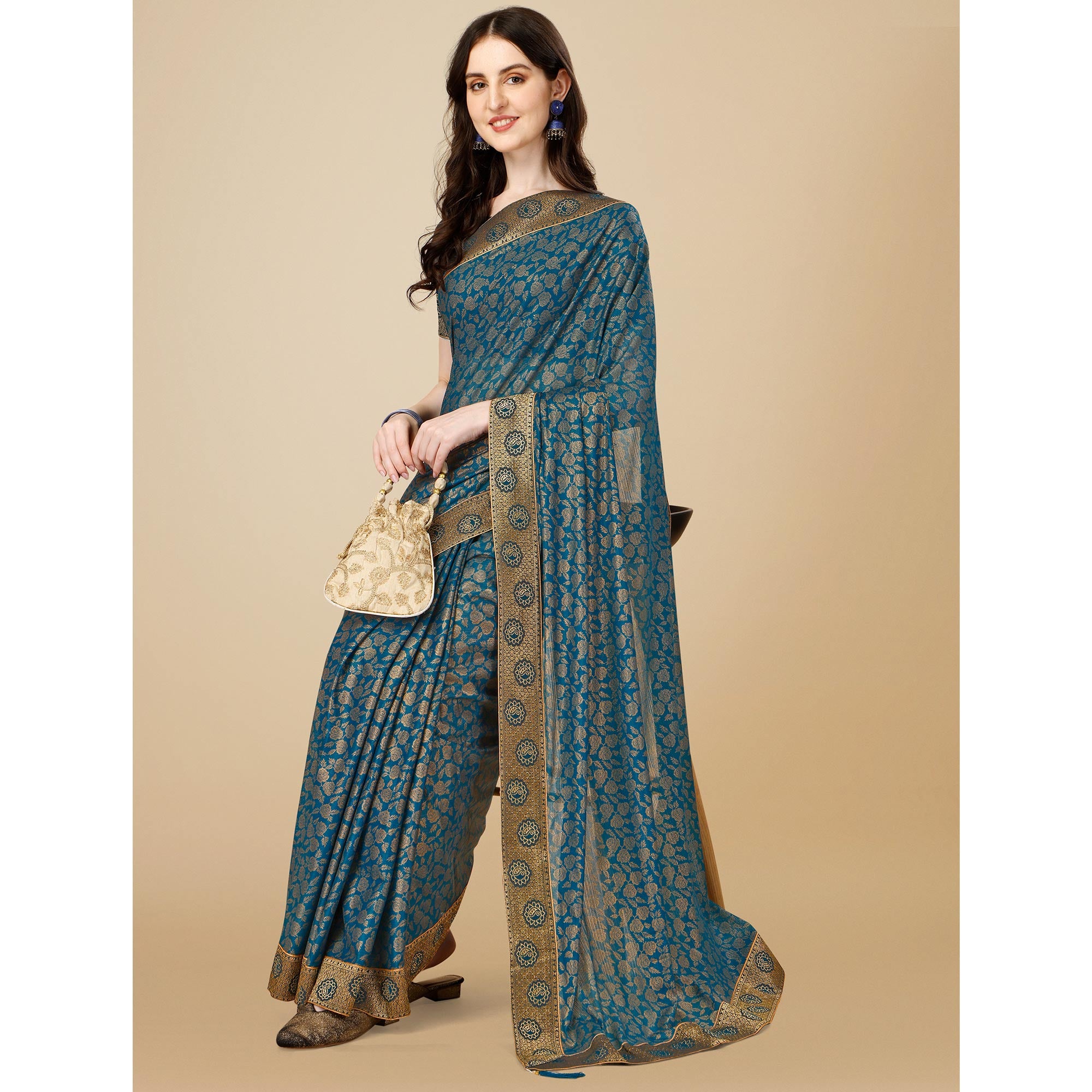 Teal Blue Floral Handloom Woven Rayon Saree